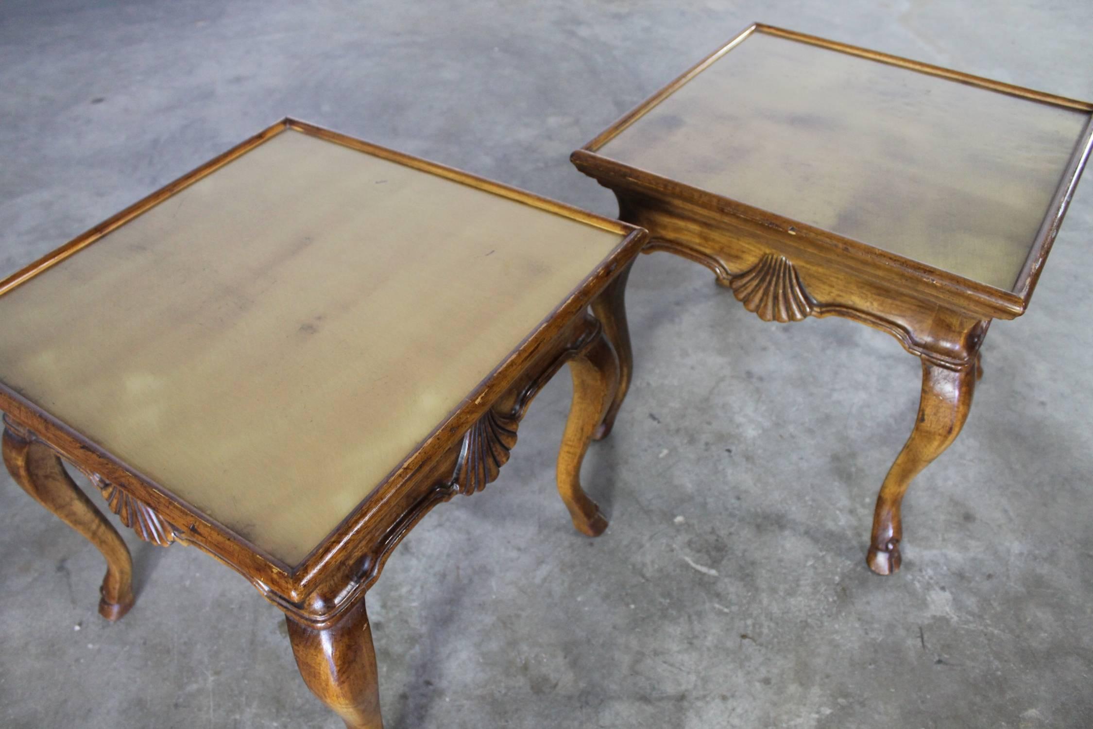 Louis XV Vintage Pair of Brittiany for Heritage Hooved Side Tables with Brass Insert Tops