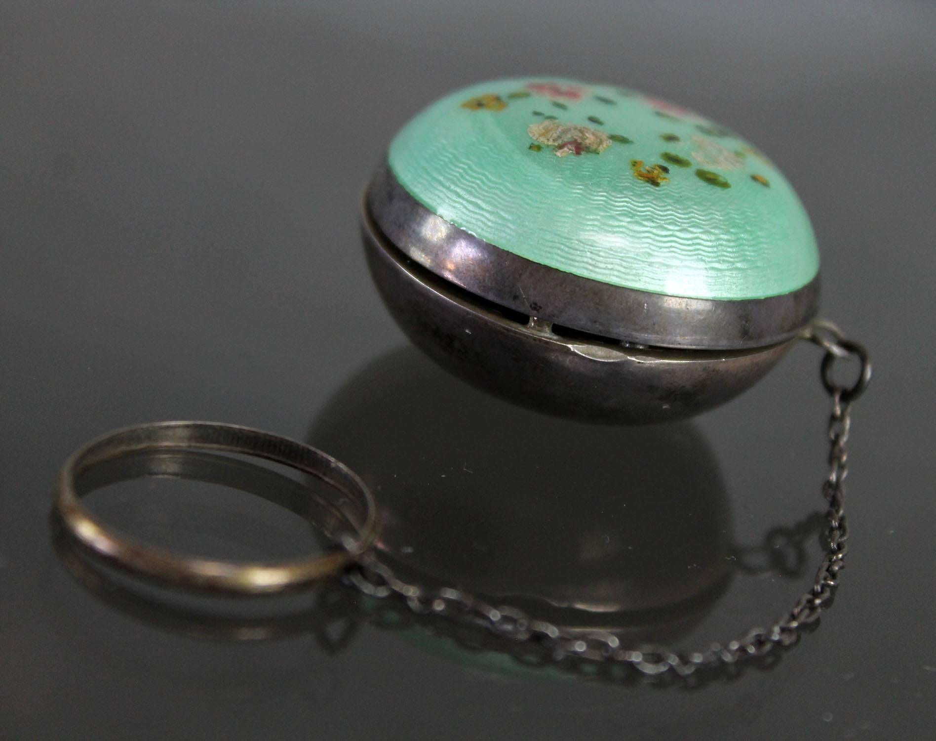 20th Century Art Deco Turquoise Guilloche and Sterling Chatelaine Tiny Ring Compact For Sale