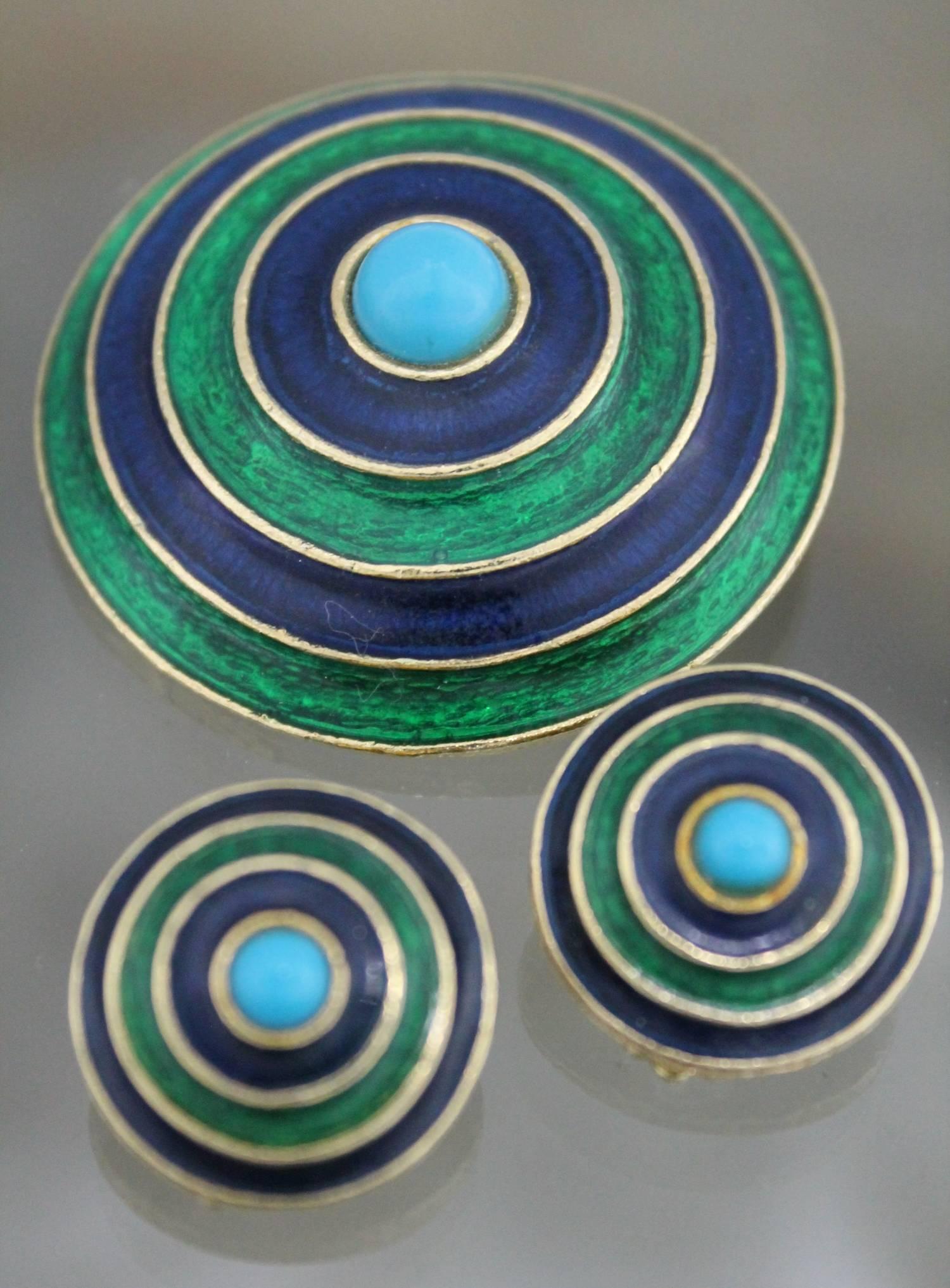 Mid-Century Modern Vintage Mid-Century Mod Florenza Concentric Circle Enamel Brooch and Earring Set