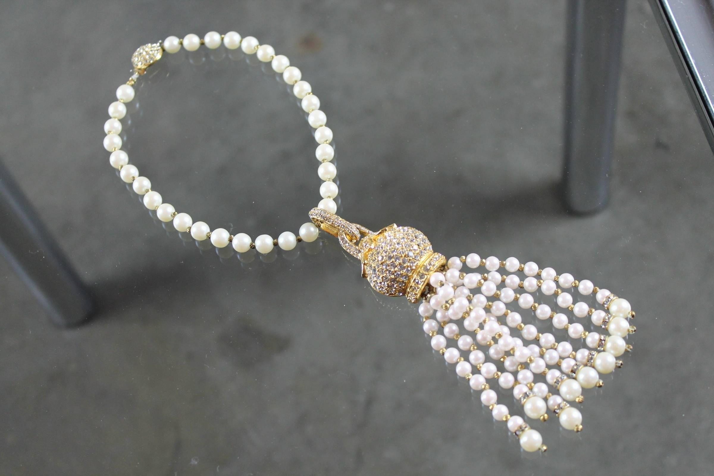 Magnificent Vintage Cadoro © Faux Pearl and Rhinestone Tassel Choker Necklace In Excellent Condition In Topeka, KS