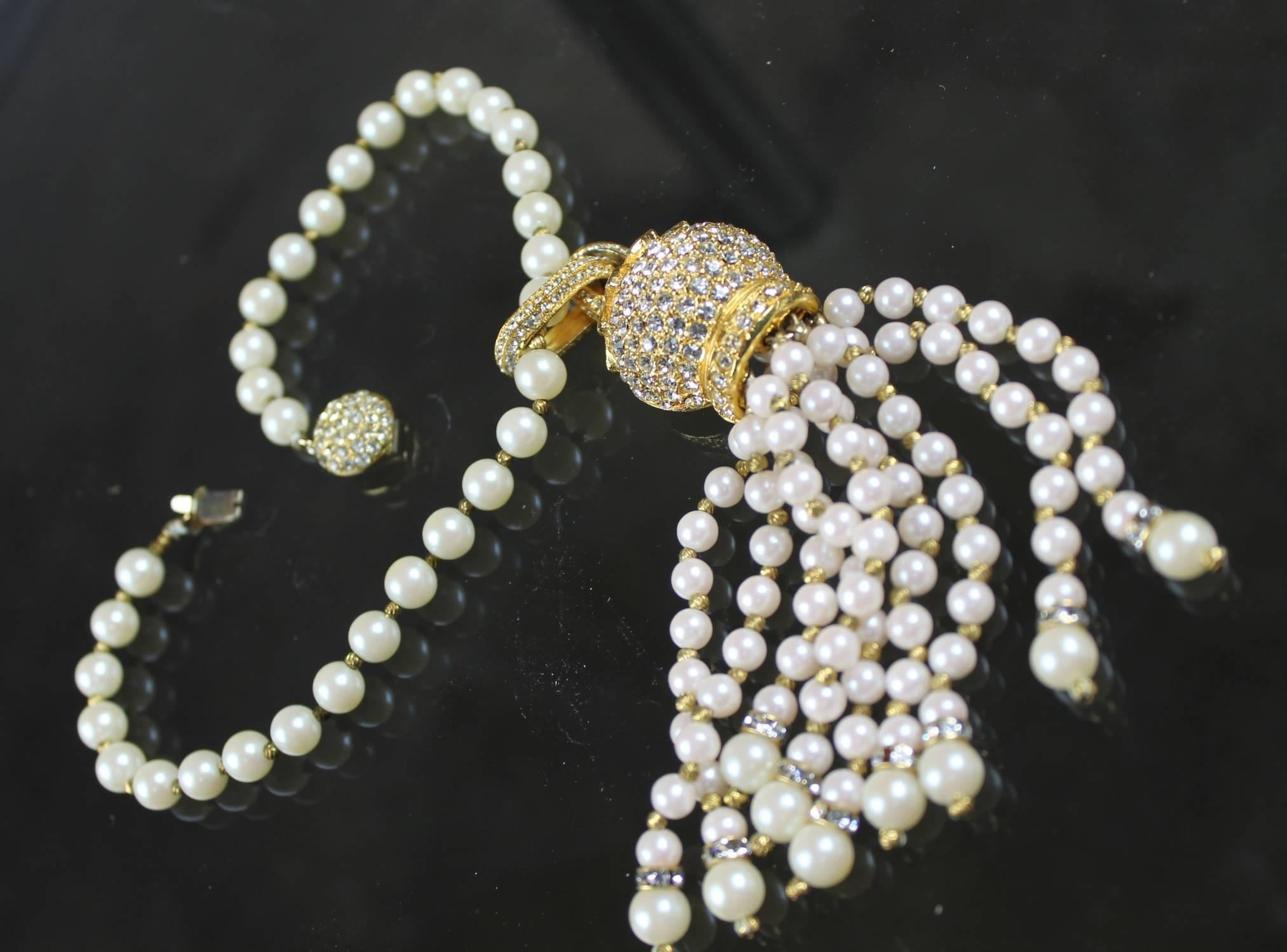 20th Century Magnificent Vintage Cadoro © Faux Pearl and Rhinestone Tassel Choker Necklace