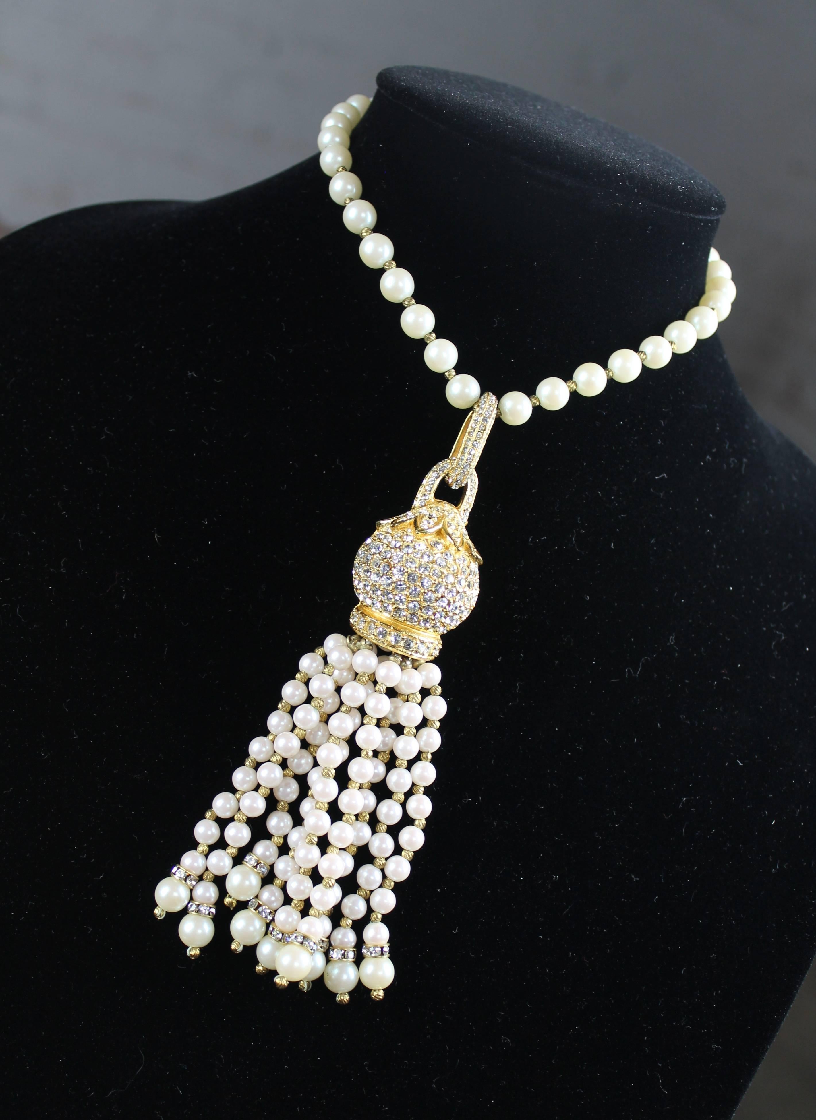 Magnificent Vintage Cadoro © Faux Pearl and Rhinestone Tassel Choker Necklace 6