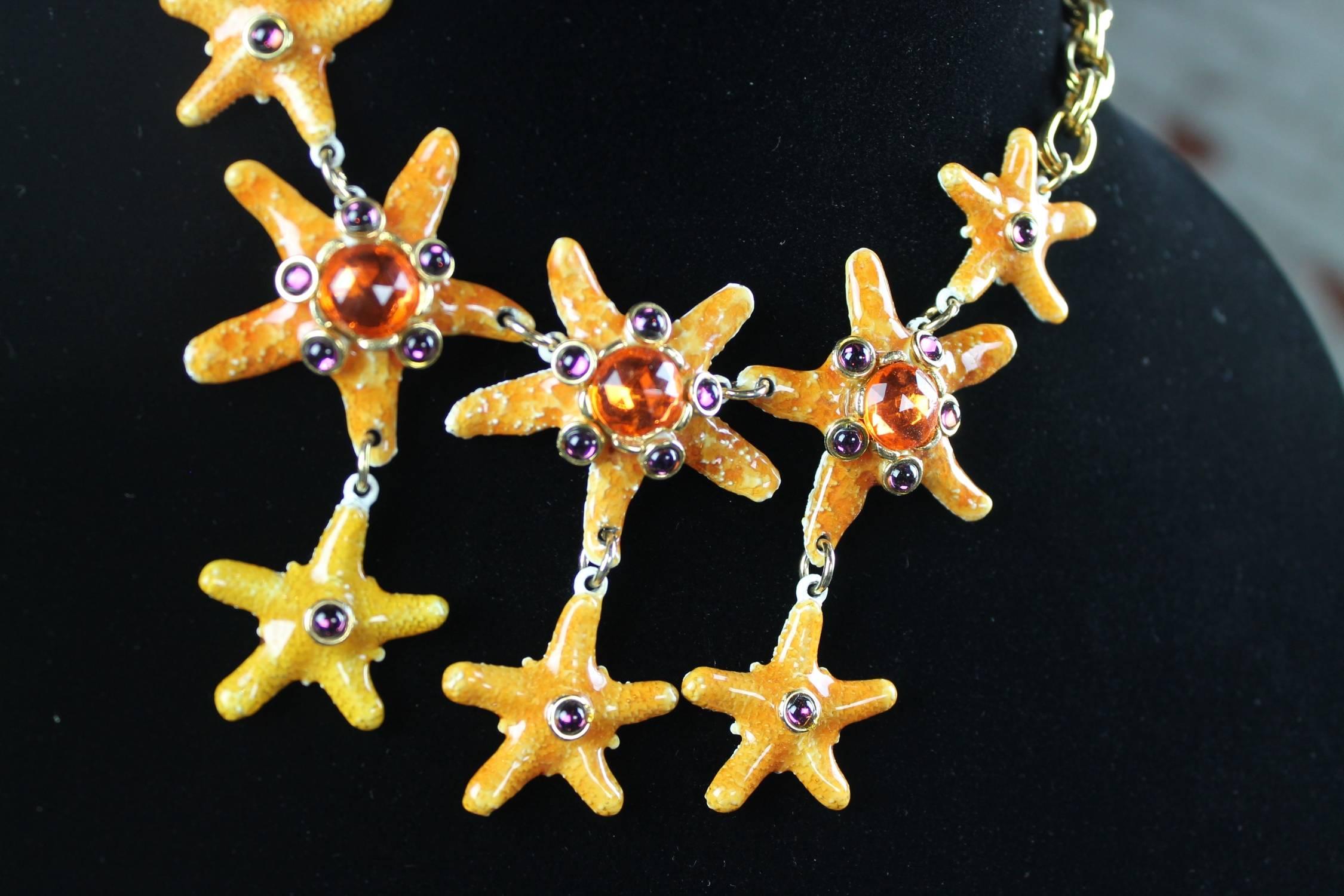 American Vintage Gem-Craft Bejeweled Starfish Bib Necklace, Signed CRAFT  For Sale