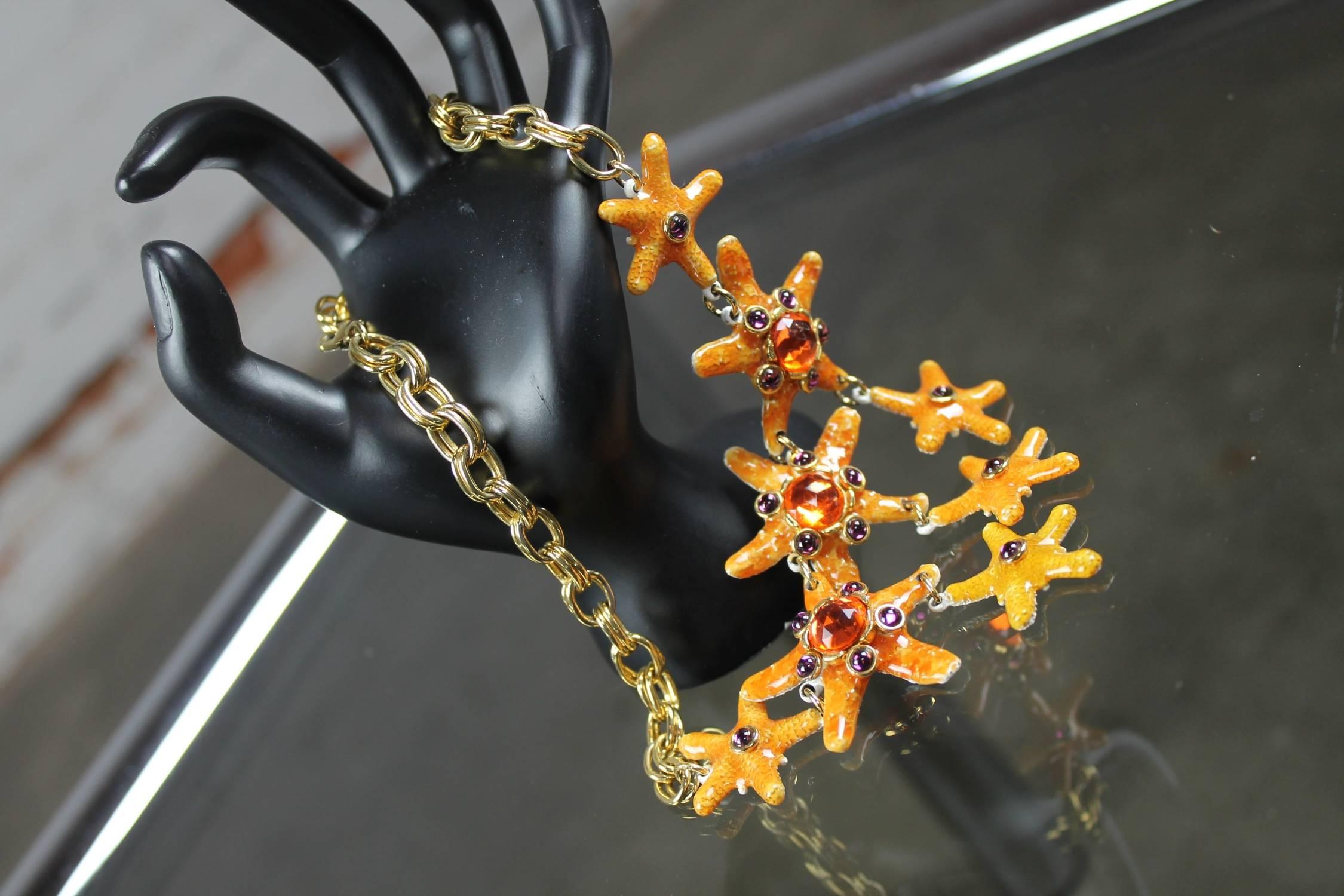American Vintage Gem-Craft Bejeweled Starfish Bib Necklace, Signed CRAFT For Sale