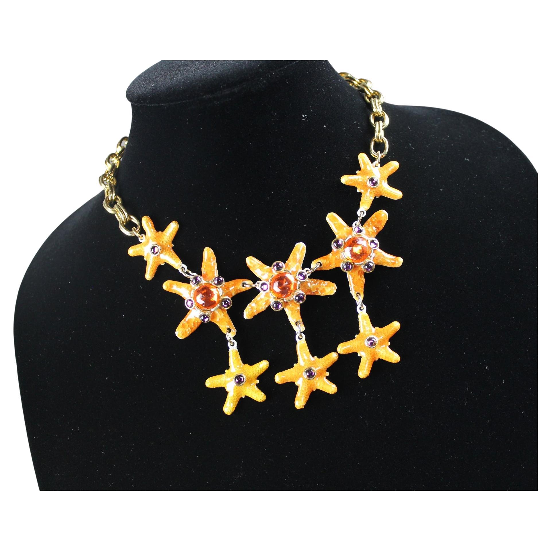 Vintage Gem-Craft Bejeweled Starfish Bib Necklace, Signed CRAFT  For Sale