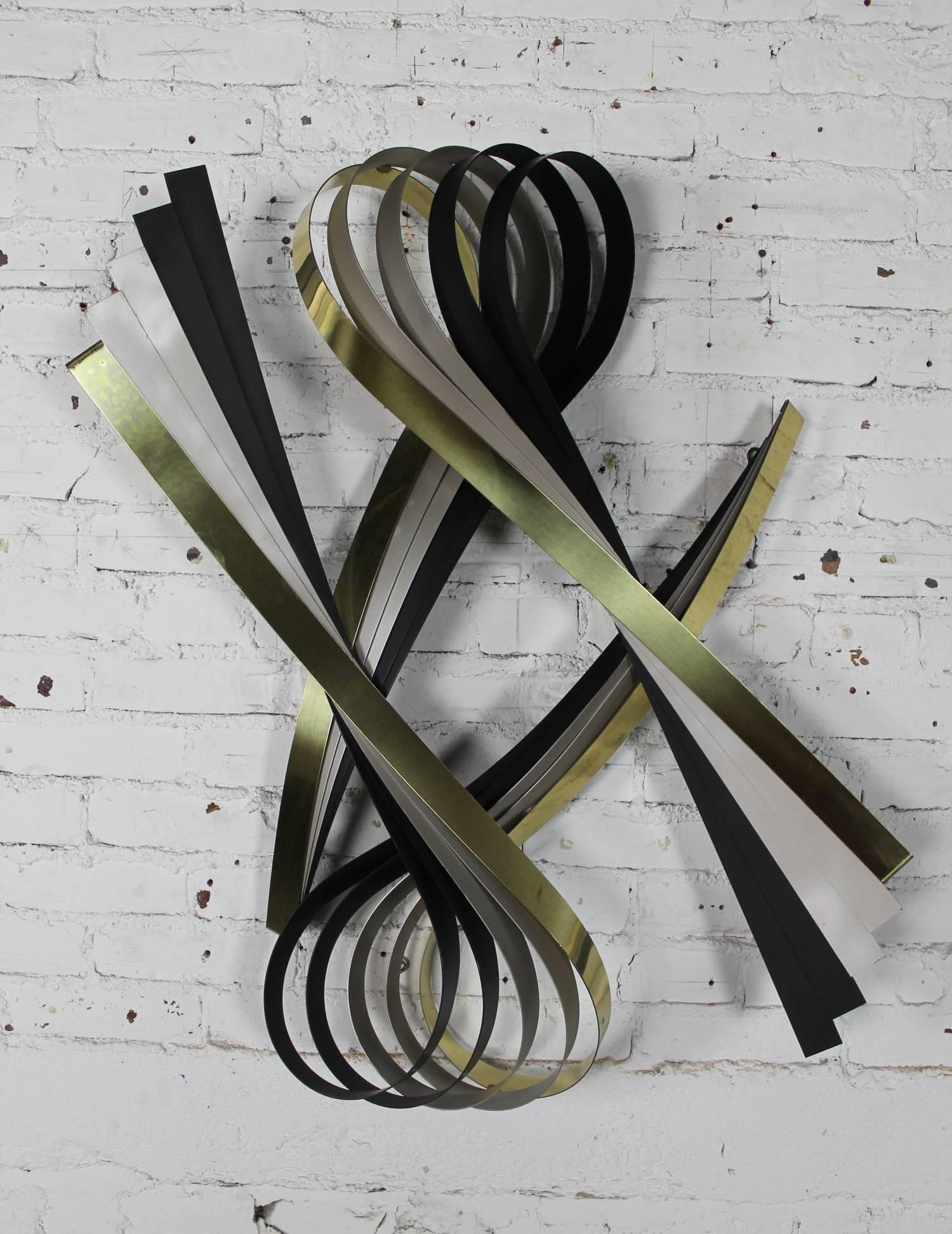 Vintage C. Jere Ribbon Wall Sculpture in Brass-Tone Silver & Black Painted Metal 4