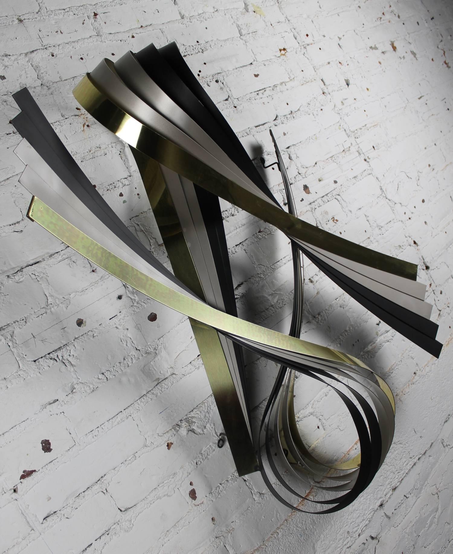 Modern Vintage C. Jere Ribbon Wall Sculpture in Brass-Tone Silver & Black Painted Metal