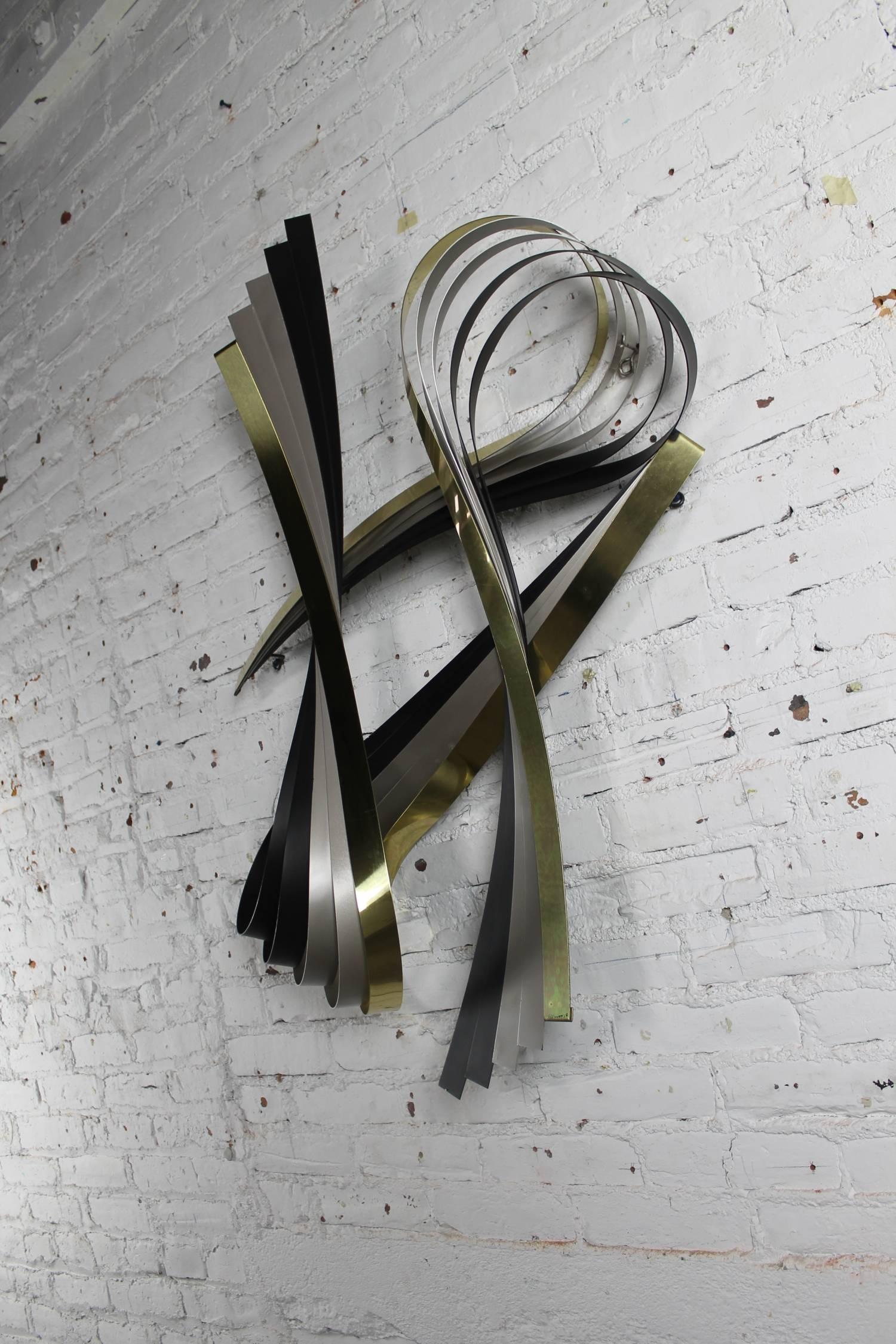 American Vintage C. Jere Ribbon Wall Sculpture in Brass-Tone Silver & Black Painted Metal