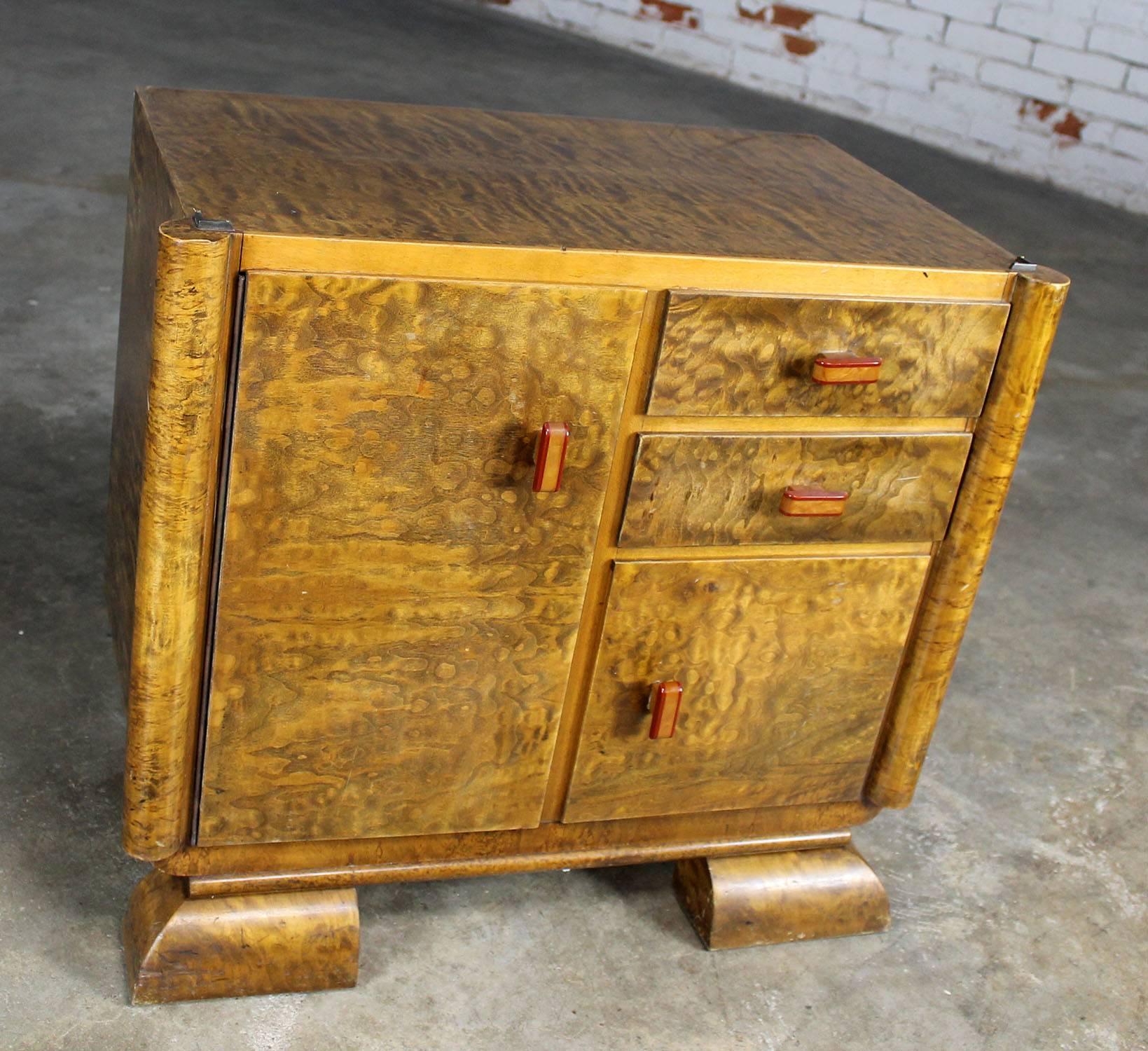 Petit Art Deco Burlwood Side Cabinet with Black Glass Top and Bakelite Handles 1