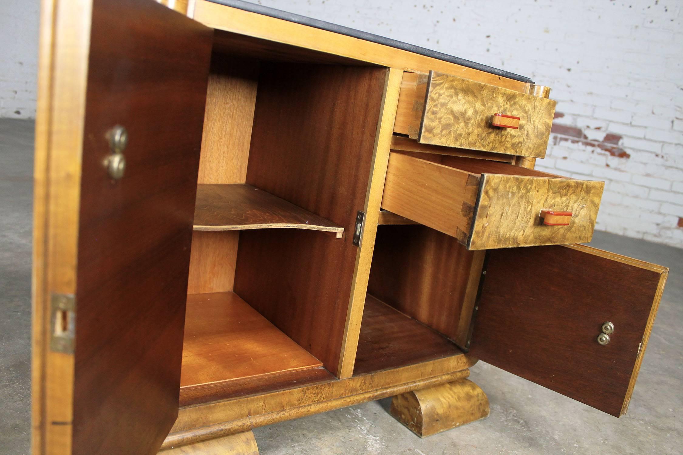 Petit Art Deco Burlwood Side Cabinet with Black Glass Top and Bakelite Handles 2