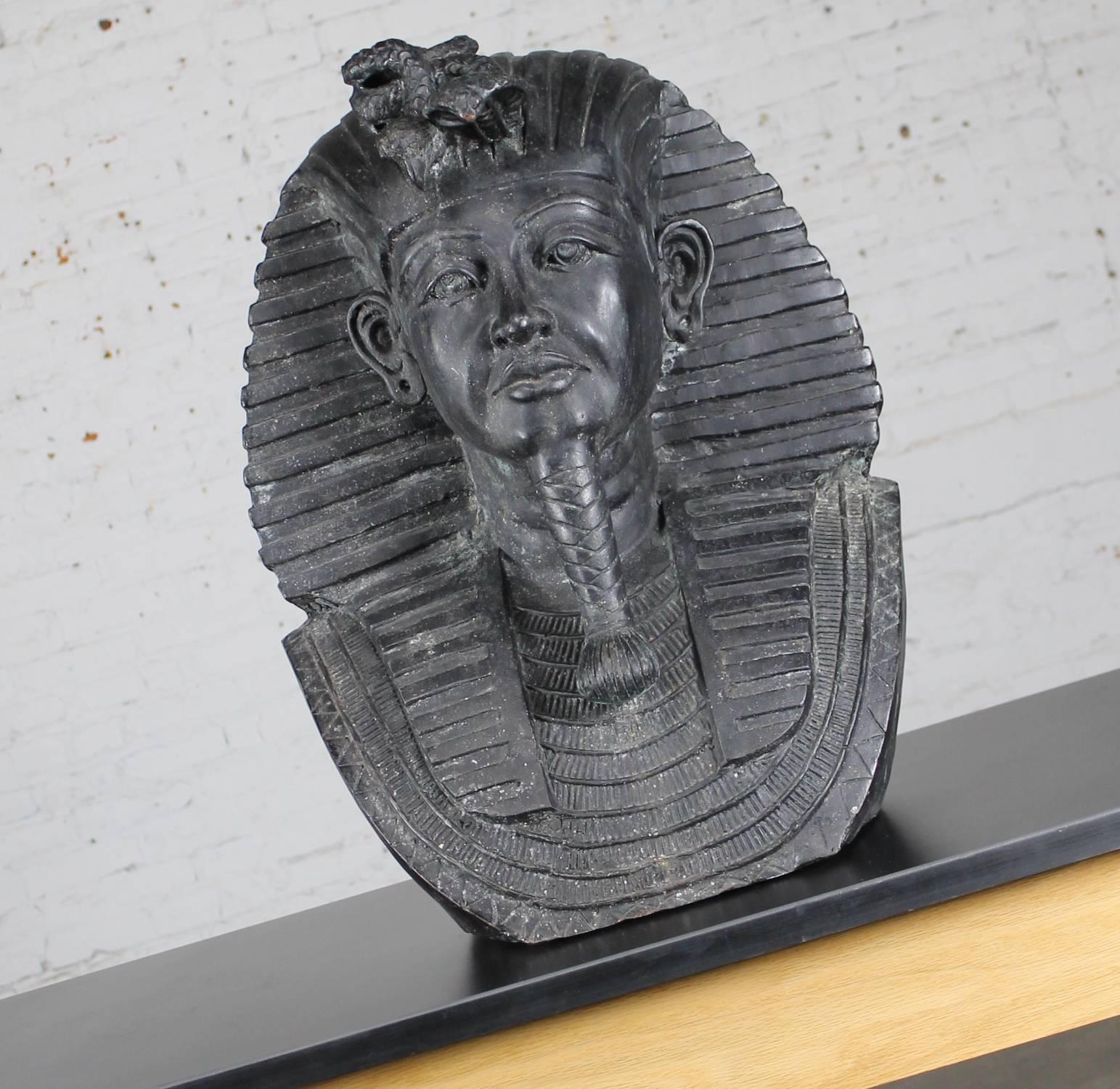 Fabulous and monumental in size bronze statue of the famous Egyptian Sphinx Pharaoh head. Could this be Tutankhamen? This large bust is in excellent condition and ready to admire in your home or garden. 

Over scaled and marvelous this bronze bust