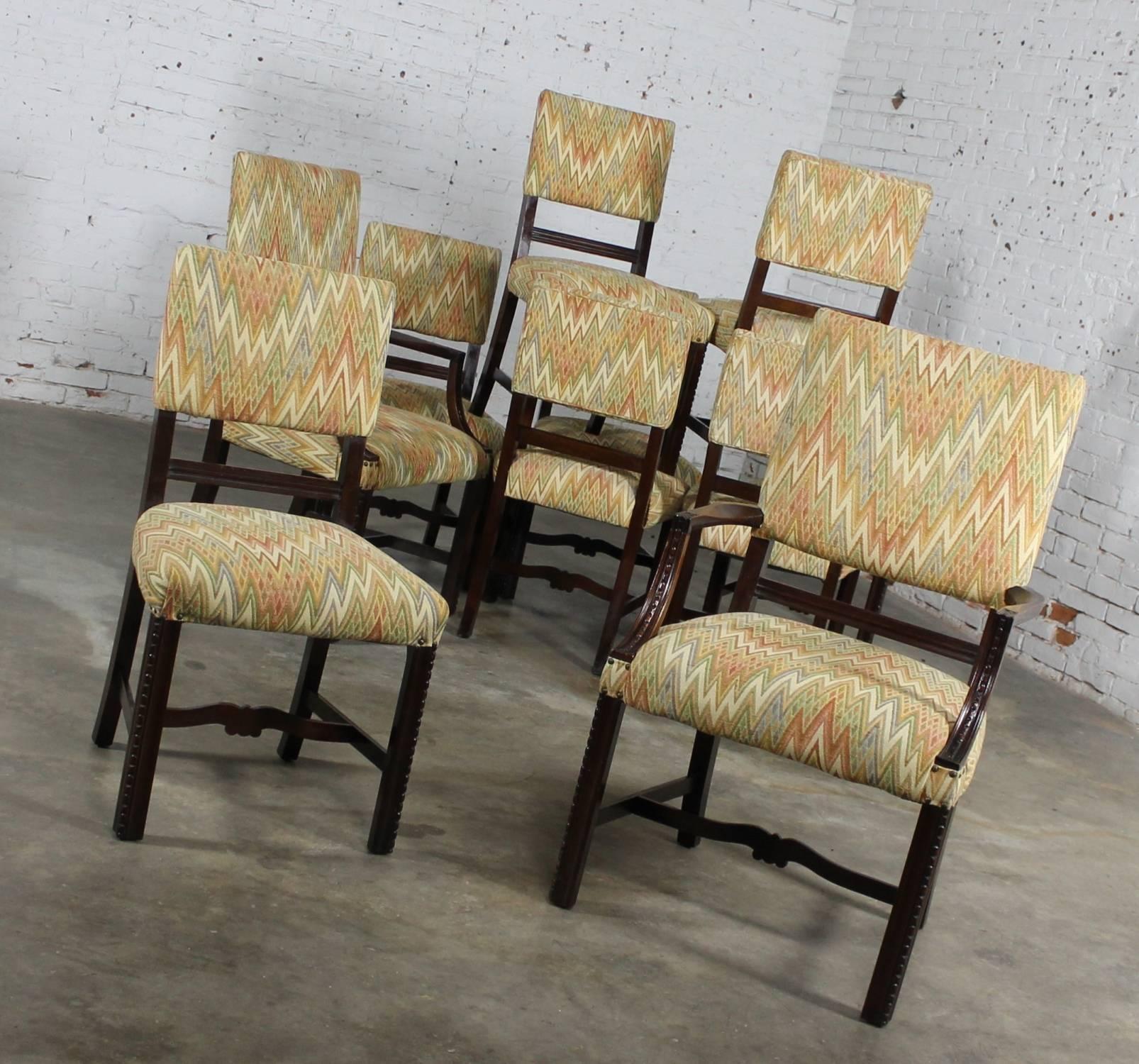 Vintage Set of Ten Georgian Revival Chippendale Style Upholstered Dining Chairs In Good Condition In Topeka, KS