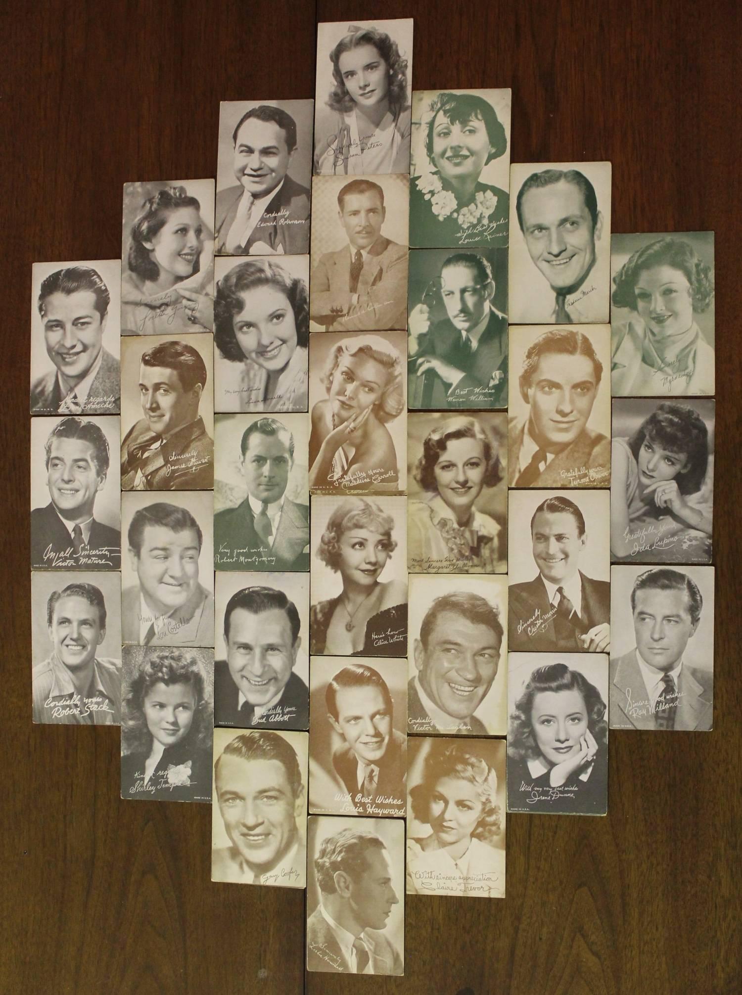 Incredible vintage collection of 95 movie star trading cards or exhibit cards from penny arcades, movie houses and fairs. In wonderful vintage condition, circa 1930s-1950s.

This is a collection of your dreams. 95 vintage movie star trading cards