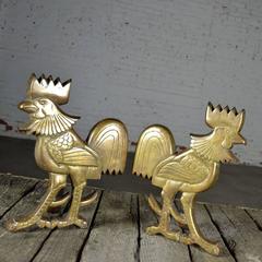 Vintage Rooster Andirons Solid Brass