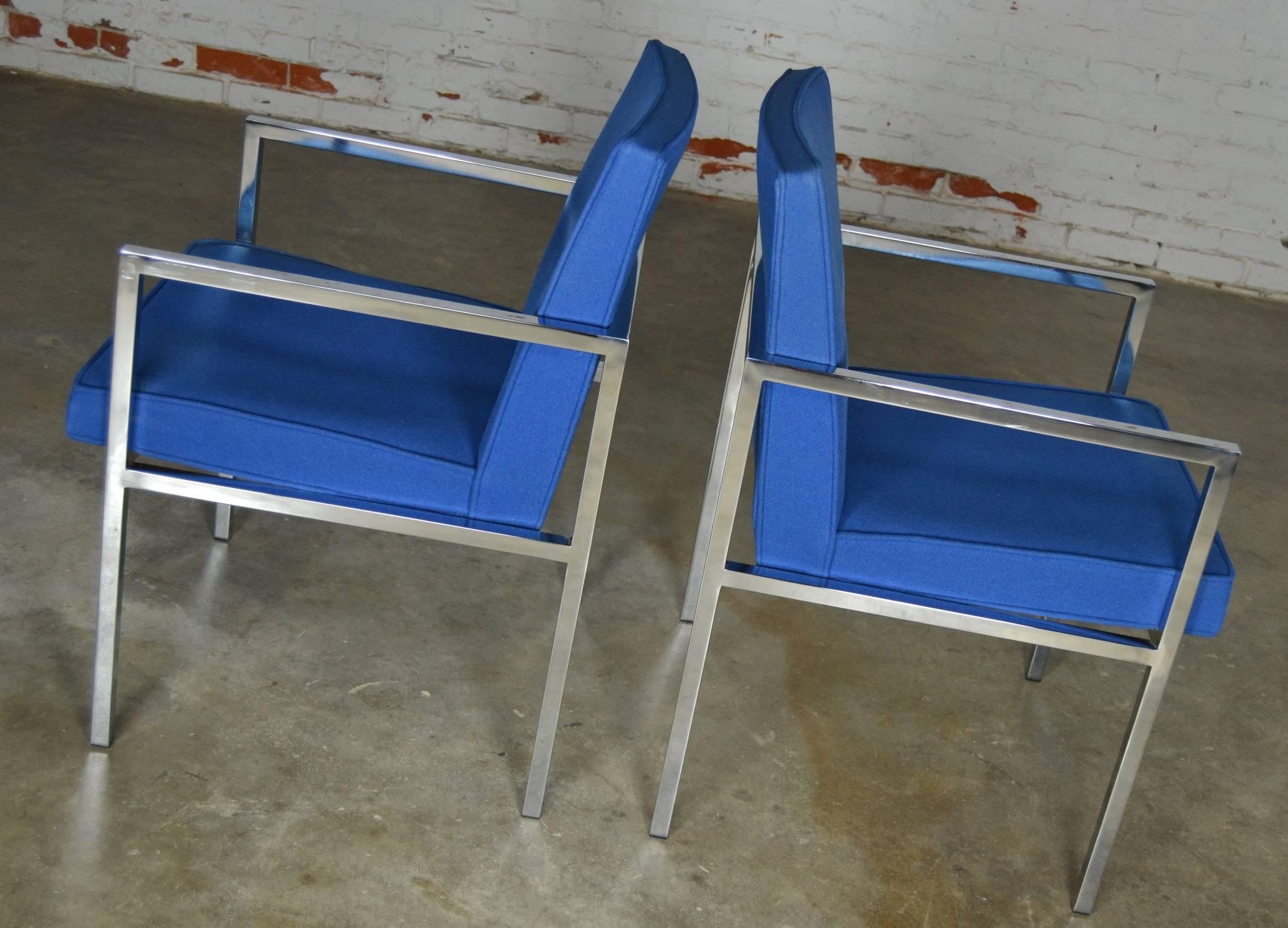 Mid-Century Modern Vintage Pair of Royal Blue Milo Baughman Style Chrome Armchairs by Hibriten