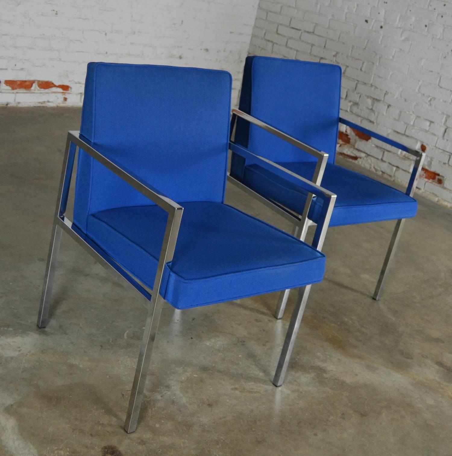 Vintage Pair of Royal Blue Milo Baughman Style Chrome Armchairs by Hibriten 2