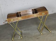 Vintage Drexel Campaign Desk with Gilt X-Base Legs and Low Roll Top