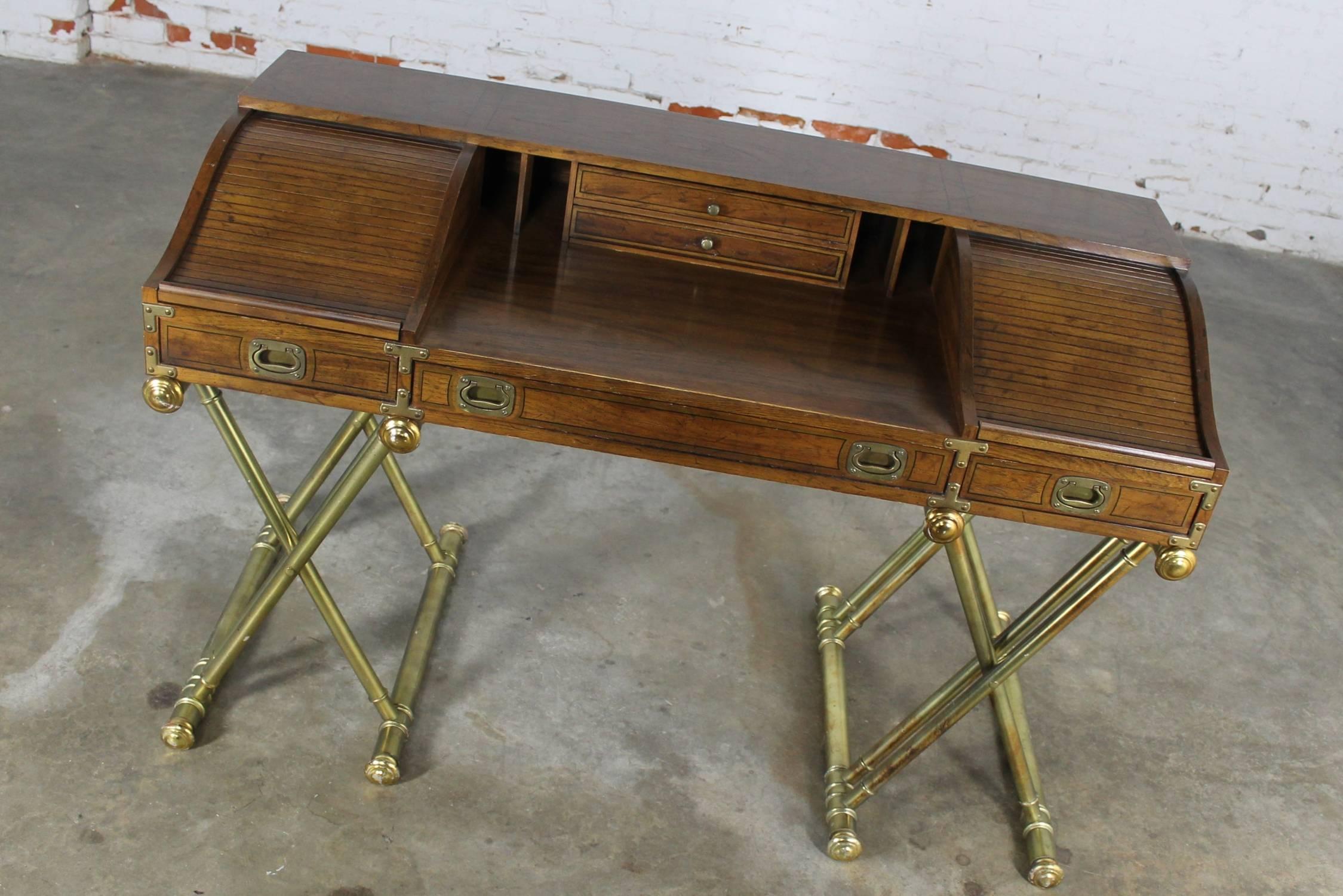 Vintage Drexel Campaign Desk with Gilt X-Base Legs and Low Roll Top 1