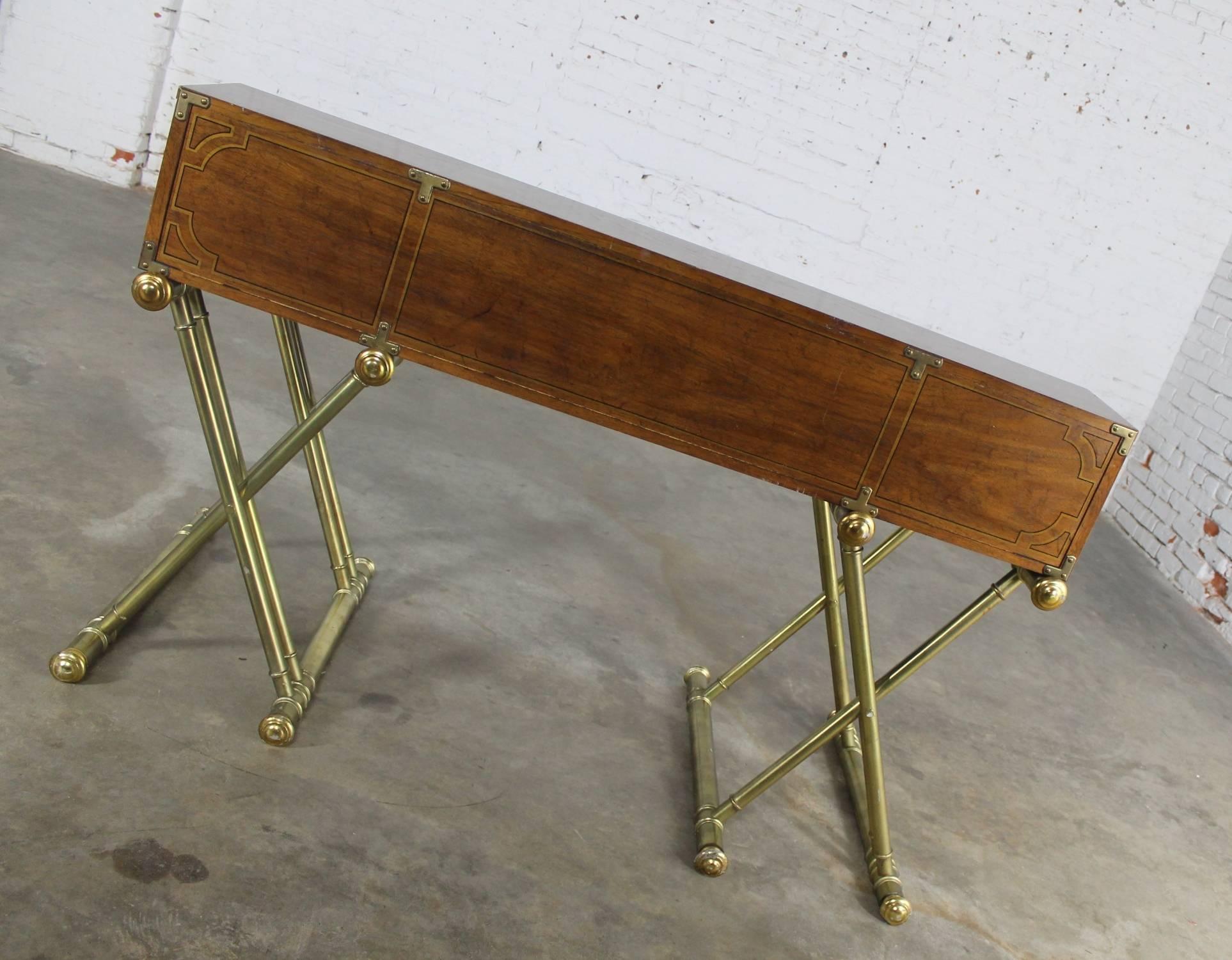 American Vintage Drexel Campaign Desk with Gilt X-Base Legs and Low Roll Top