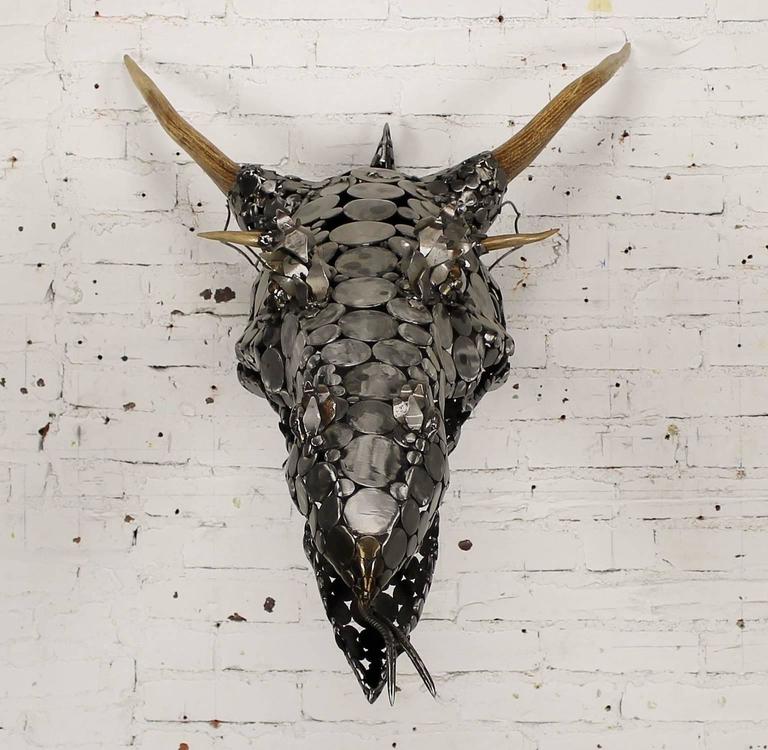 Dragon Head Scrap Metal and Antler 3D Wall Sculpture by Jason Startup