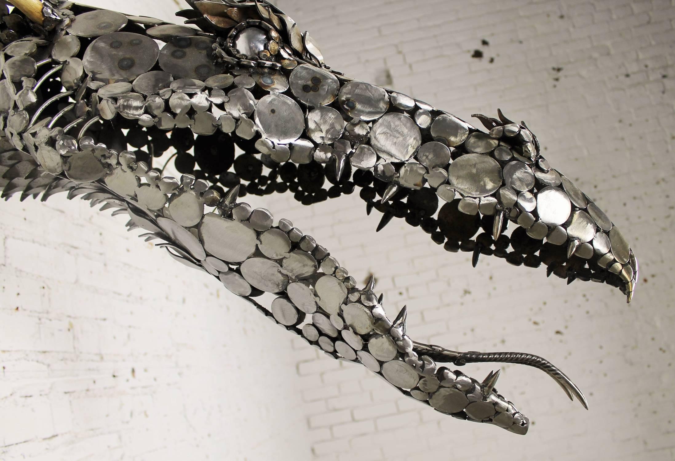 Cut Steel Dragon Head Scrap Metal and Antler 3D Wall Sculpture by Jason Startup