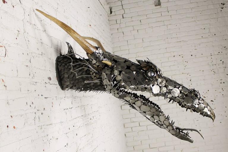 Dragon Head Scrap Metal and Antler 3D Wall Sculpture by Jason Startup