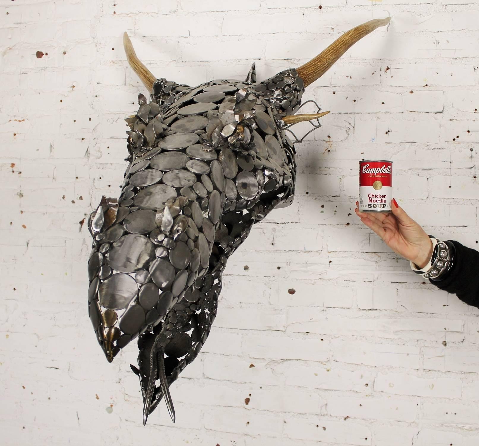 Dragon Head Scrap Metal and Antler 3D Wall Sculpture by Jason Startup 1