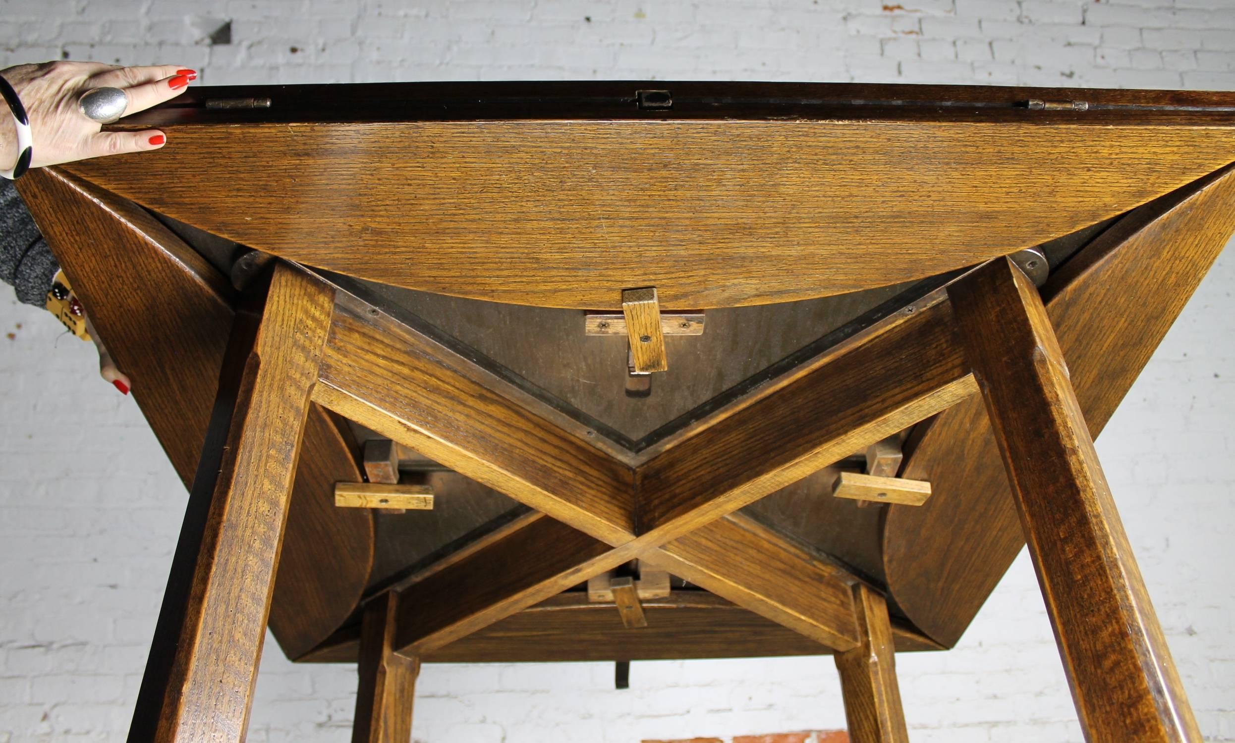 20th Century Drop Leaf Oak Square-Round Pub Table W/ Parquet Top Distressed Old English Style
