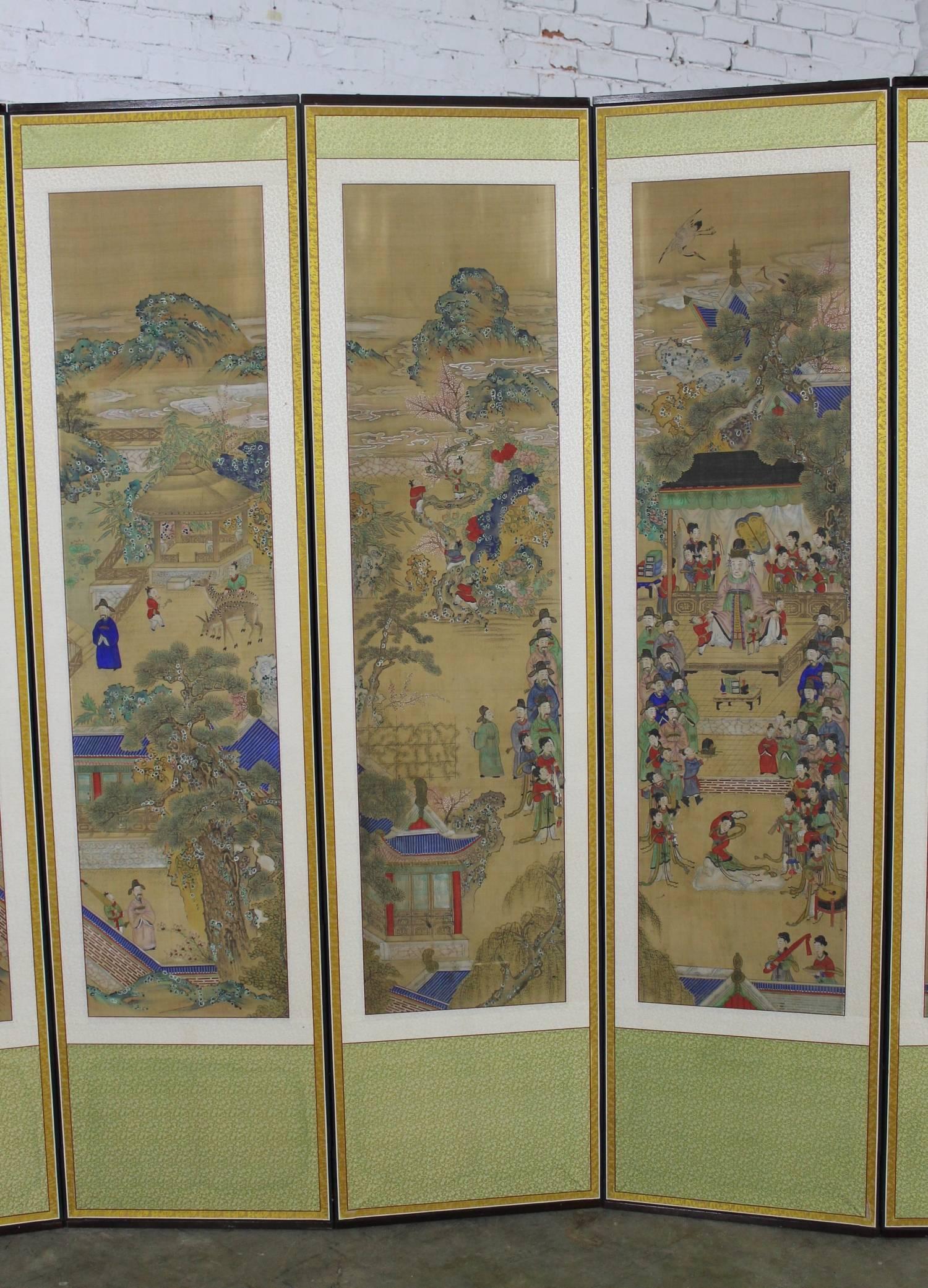 Other 19th Century Korean 12 Panel Silk Hand-Painted Folding Screen
