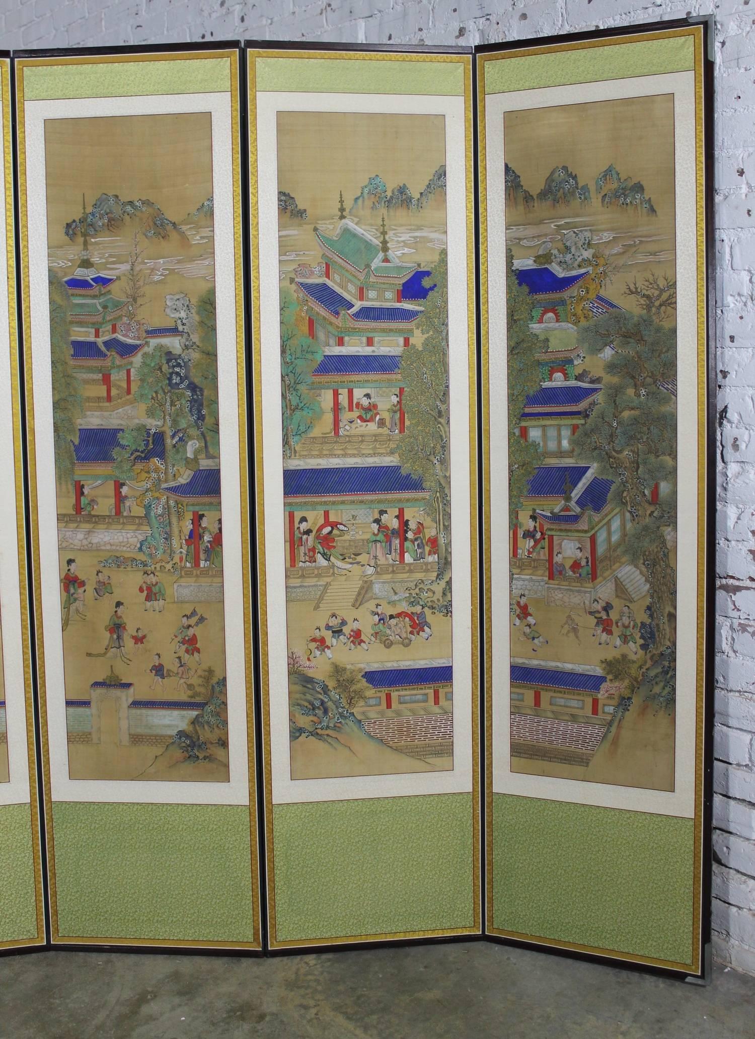 19th Century Korean 12 Panel Silk Hand-Painted Folding Screen 1
