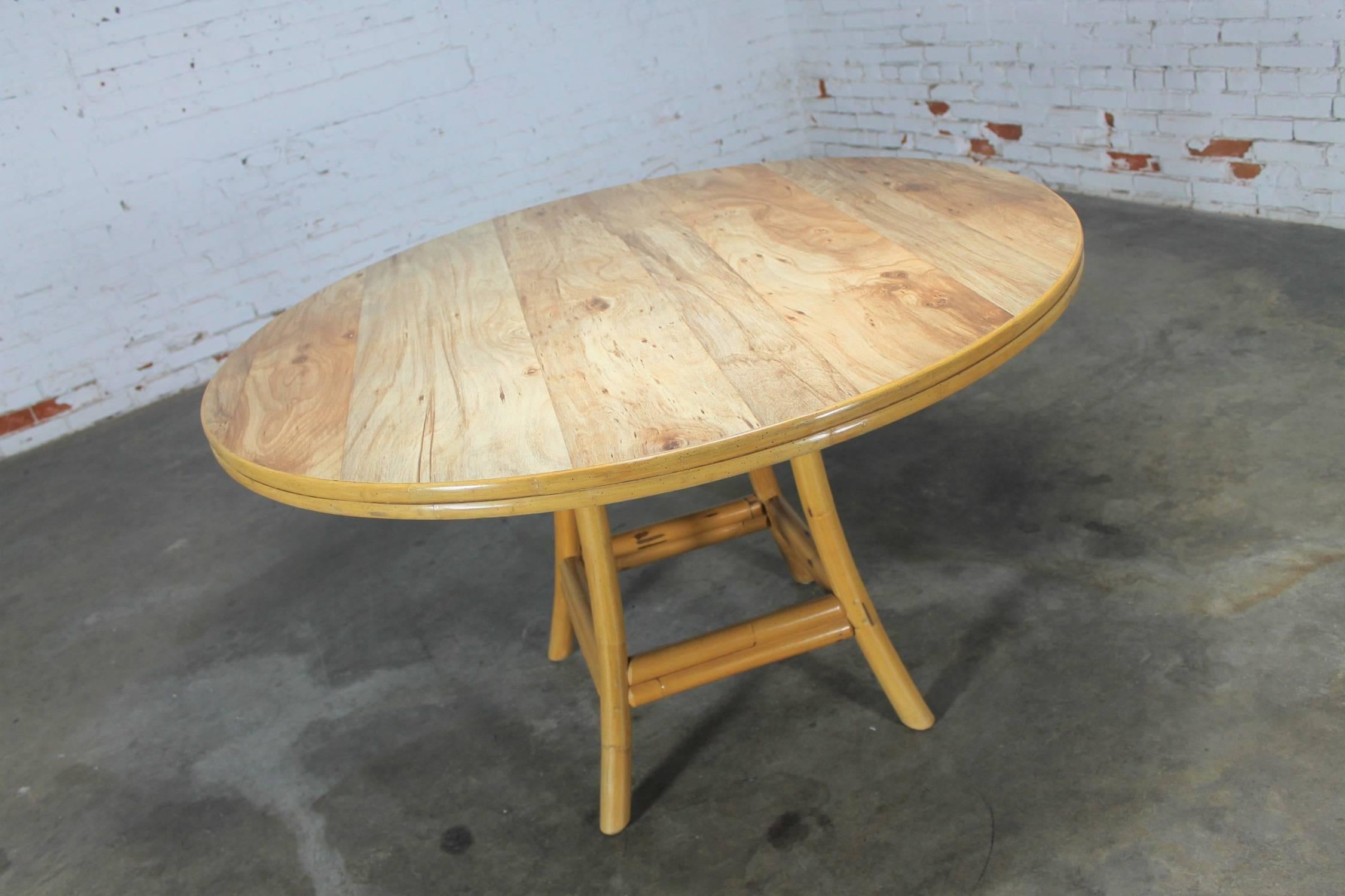 20th Century Mid-Century Ficks Reed Co. Round Rattan Game Table with Four Swivel Armchairs