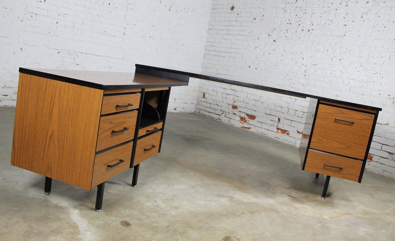 Mid Century Modern Imperial Desk Company Walnut Laminate And Black Mid Century Modern Imperial Desk Company Walnut Laminate And Black Metal For At 1stdibs