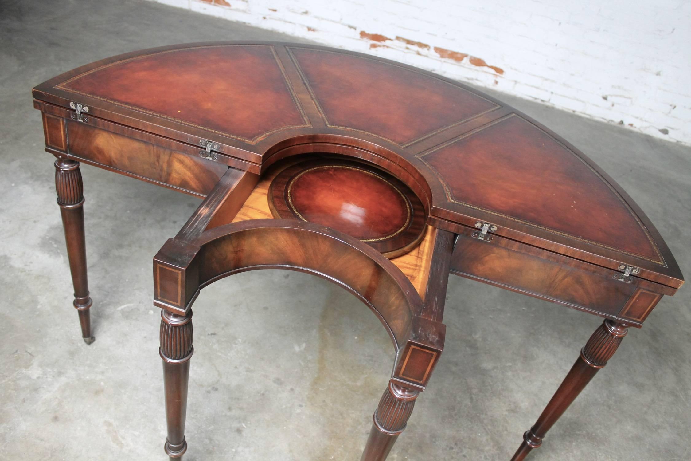 Federal Style Mahogany and Leather Flip Top Demilune or Game Table by Weiman In Good Condition In Topeka, KS