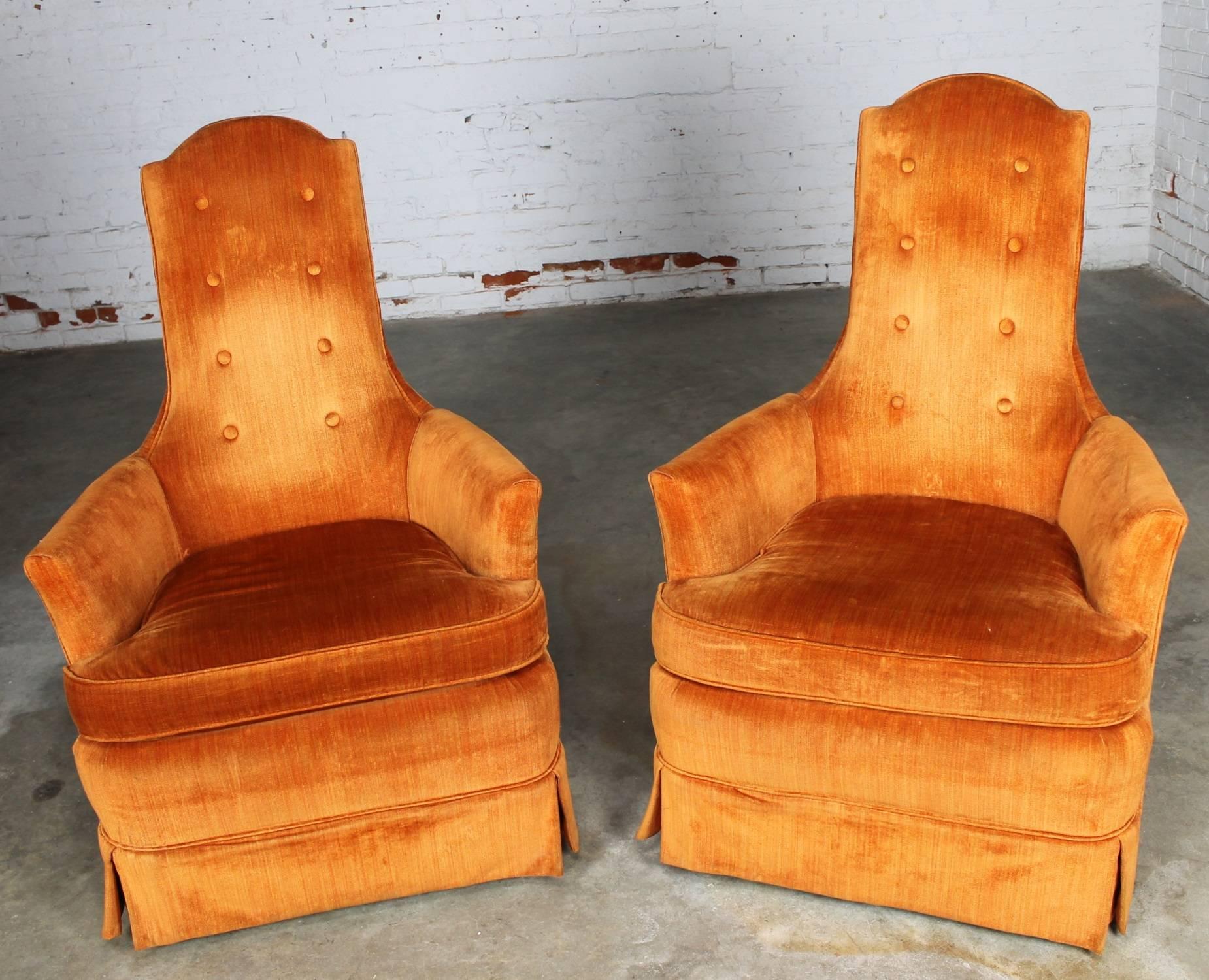 Outrageously orange velvet high back pair of vintage Hollywood Regency Style chairs by Perfection Furniture. Beautiful condition, keeping in mind that these are vintage and not new so will have signs of use and wear. They are in very good vintage