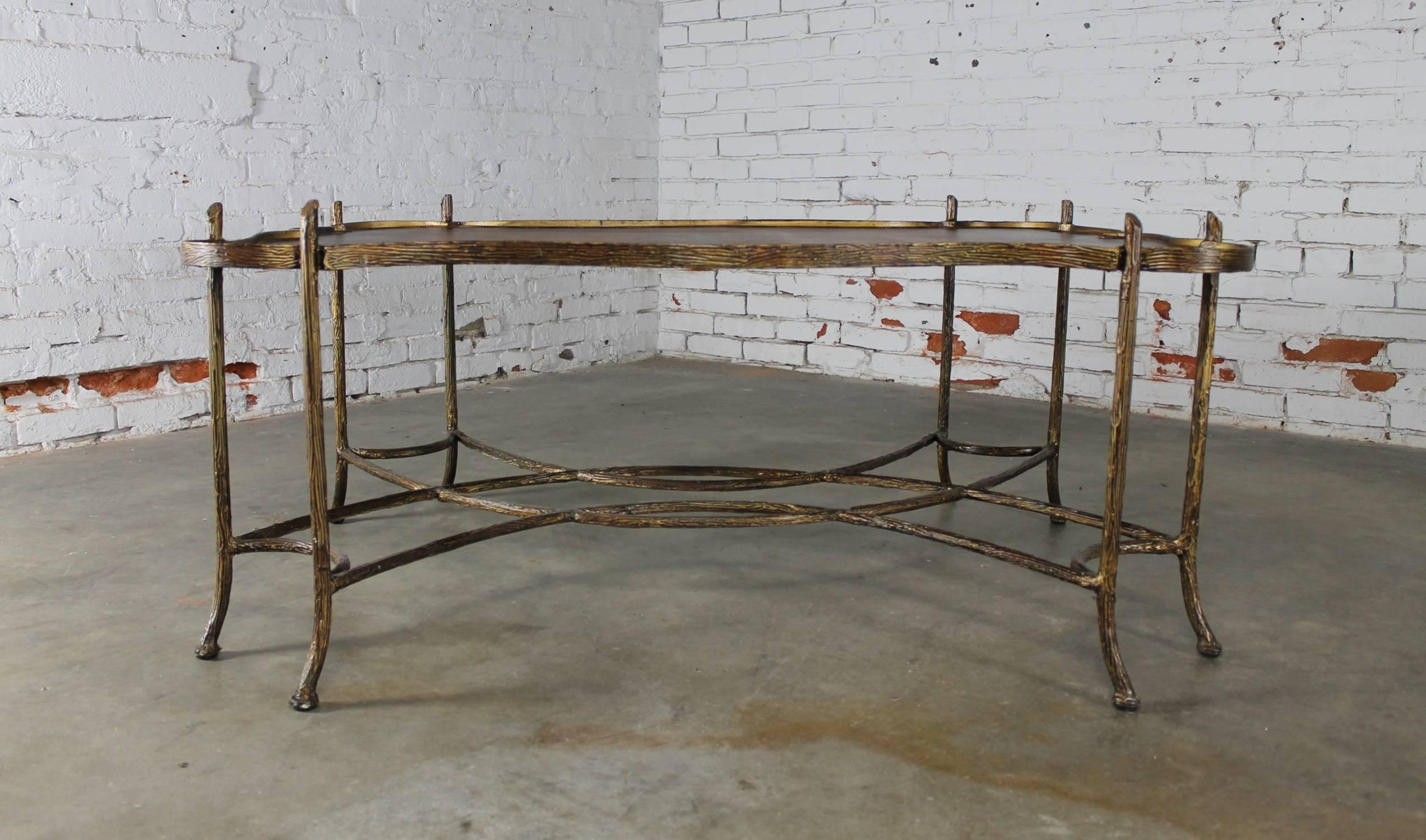 Hollywood Regency Vintage Gilded Iron Faux Bois Coffee Table with Tole Painted Tray Style Top