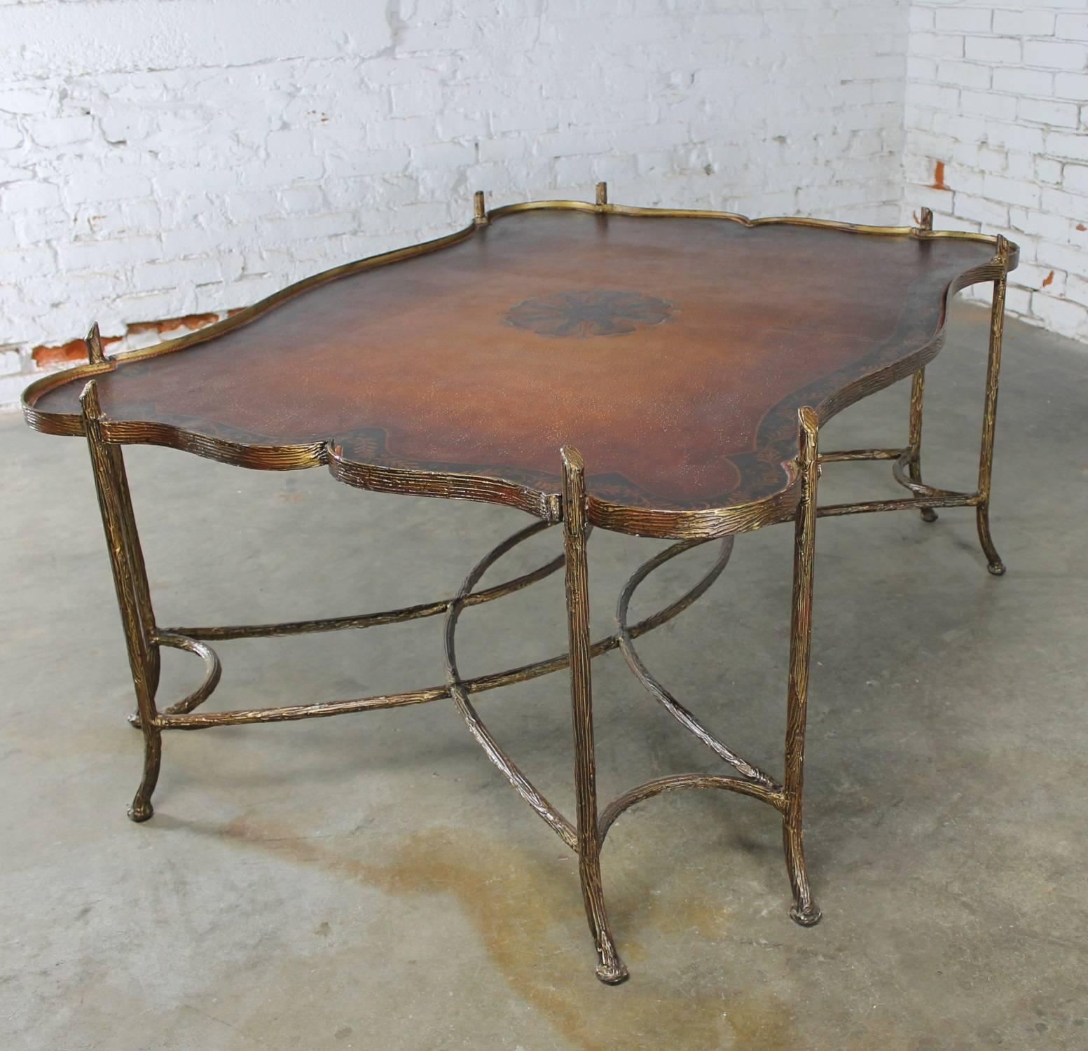 Gilt Vintage Gilded Iron Faux Bois Coffee Table with Tole Painted Tray Style Top