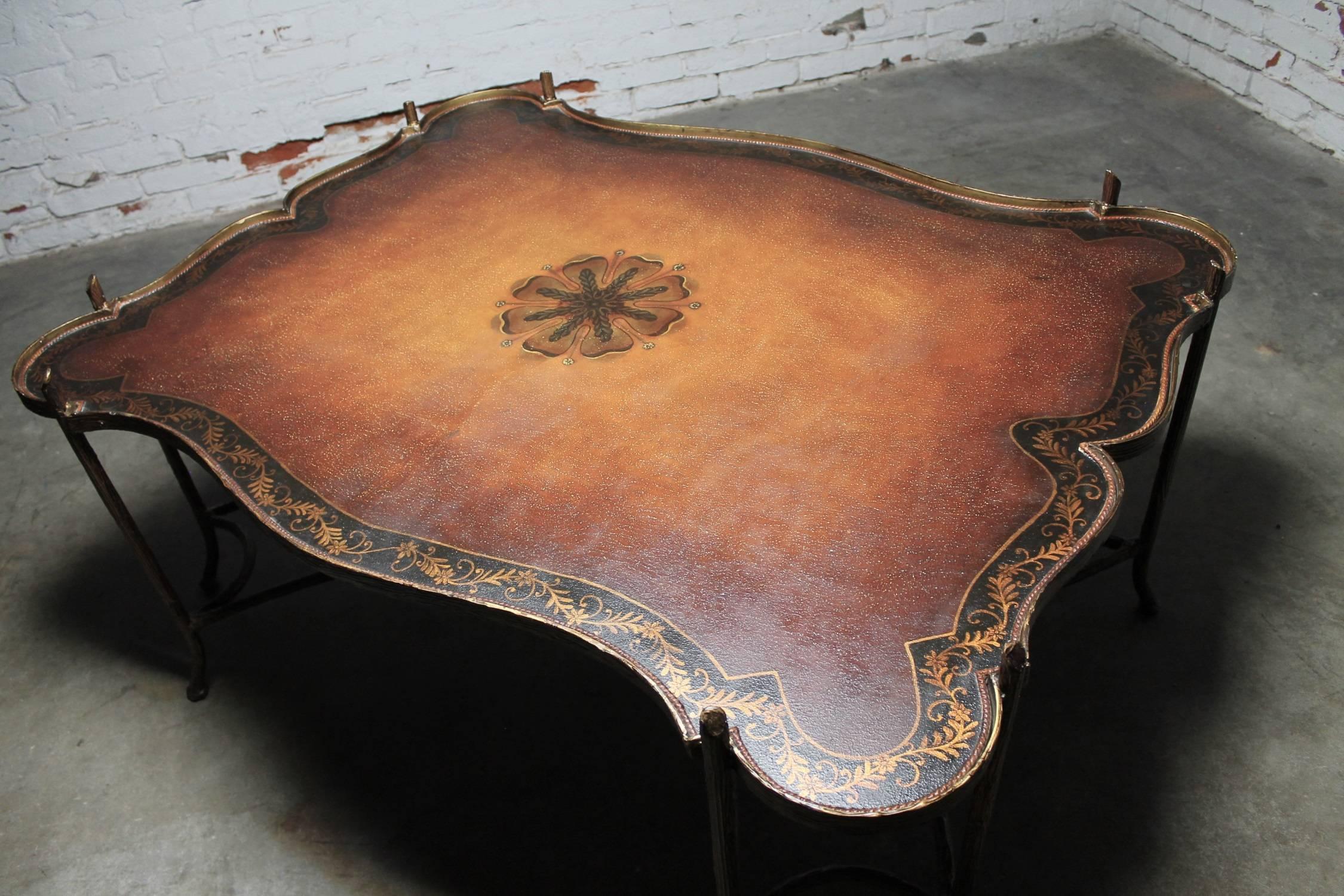 20th Century Vintage Gilded Iron Faux Bois Coffee Table with Tole Painted Tray Style Top