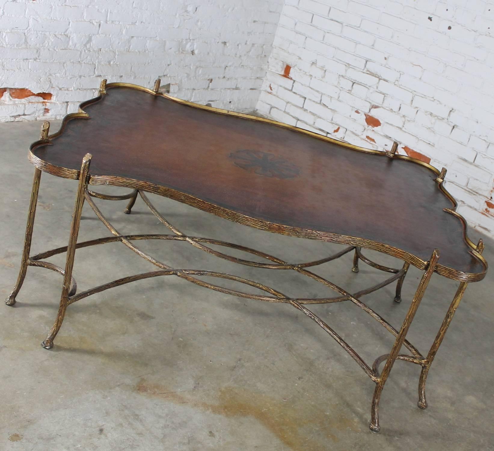 Vintage Gilded Iron Faux Bois Coffee Table with Tole Painted Tray Style Top 3