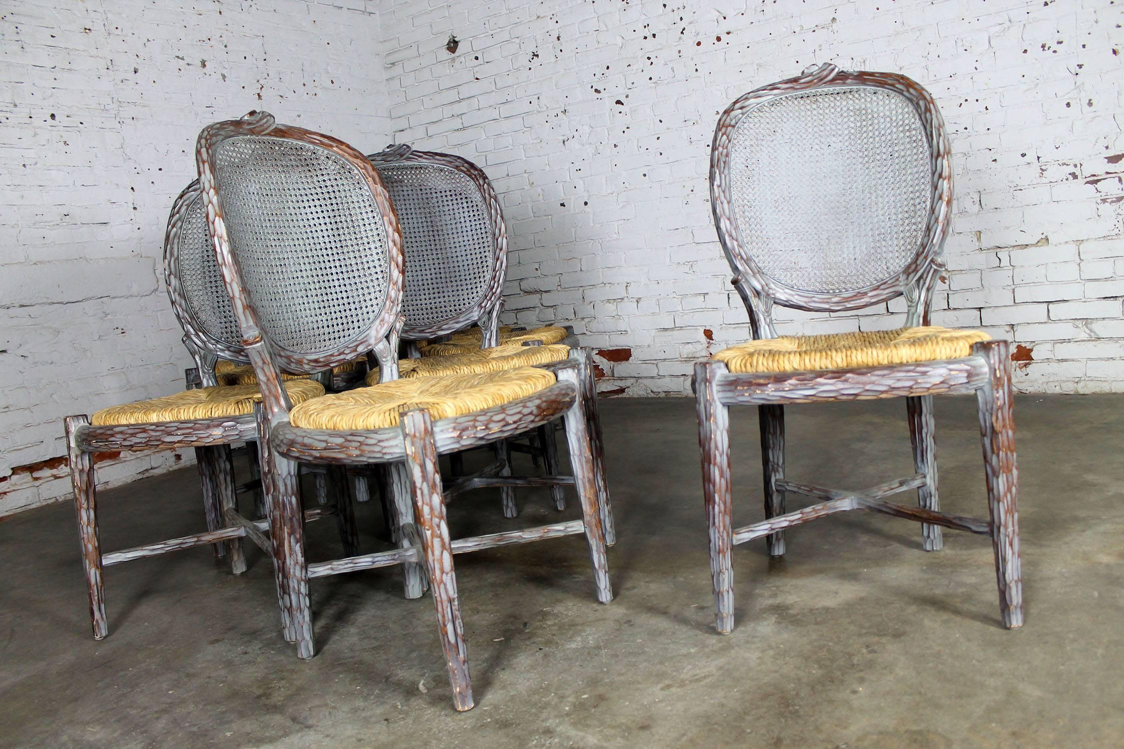 Vintage Faux Bois Carved Twig Dining Chairs with Caned Backs and Rush Seats 2