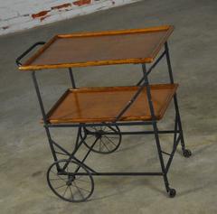 Antique Industrial Black Iron Oak Folding Rolling Tea or Bar Cart Hotel Trolley