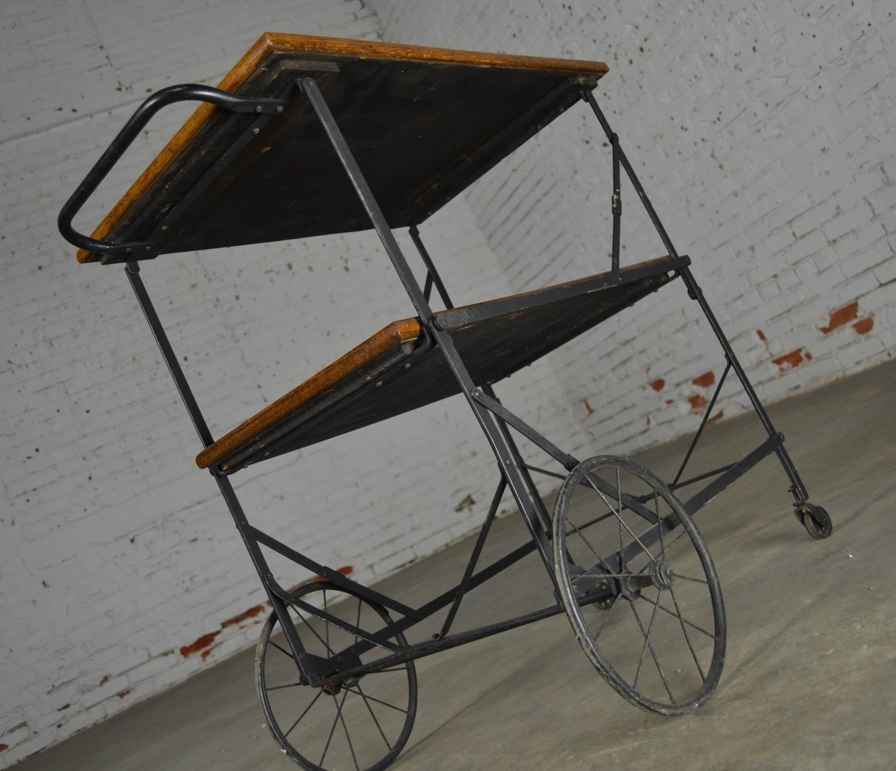 Painted Antique Industrial Black Iron Oak Folding Rolling Tea or Bar Cart Hotel Trolley