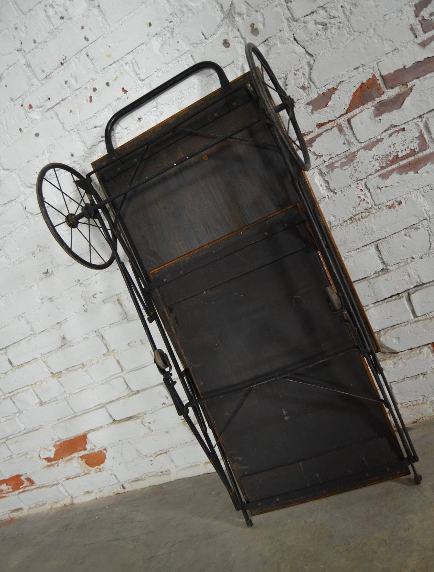 Antique Industrial Black Iron Oak Folding Rolling Tea or Bar Cart Hotel Trolley 2
