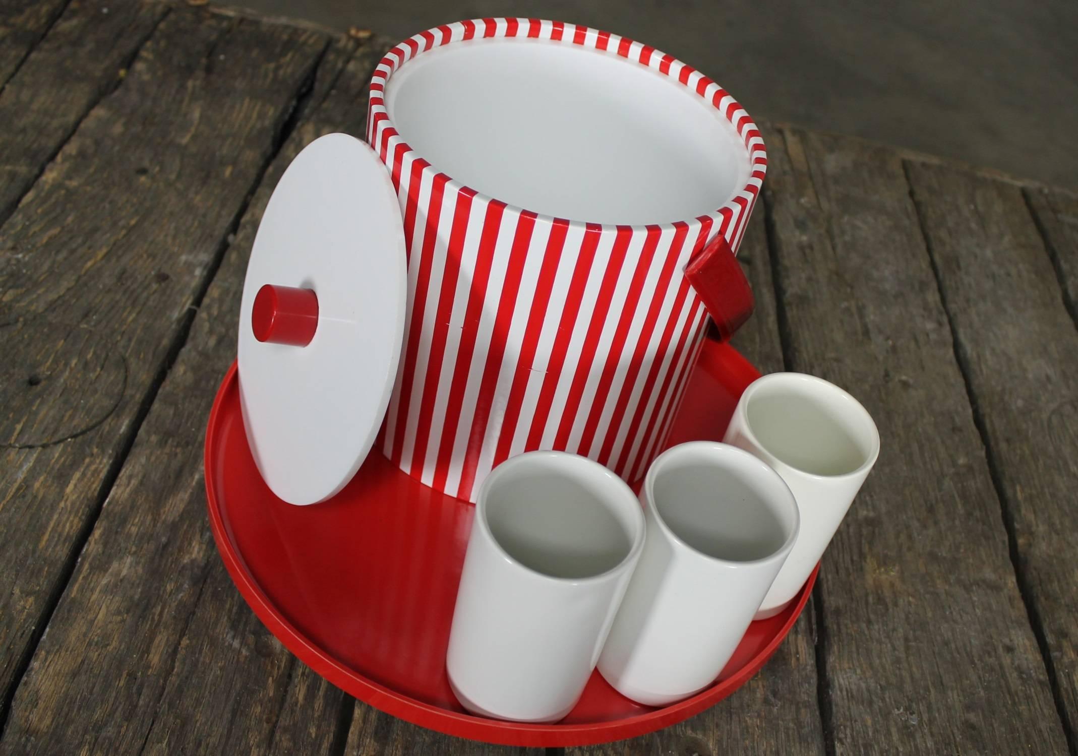 20th Century Beverage Set Combo Red and White Ice Bucket Tumblers Tray, Mid-Century Modern