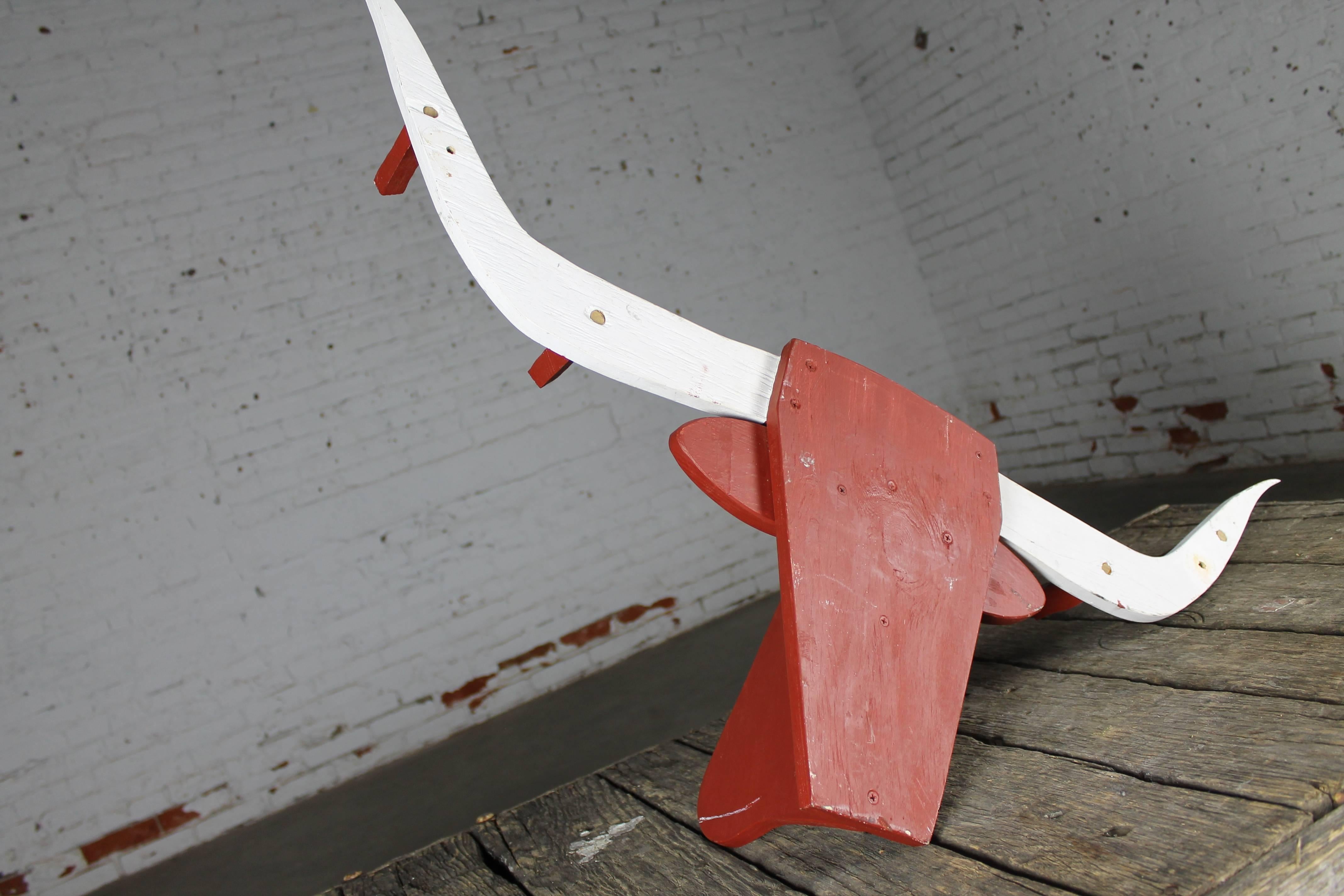 20th Century Folkart Longhorn Steer Head Coat Rack Red and White Vintage Fun For Sale