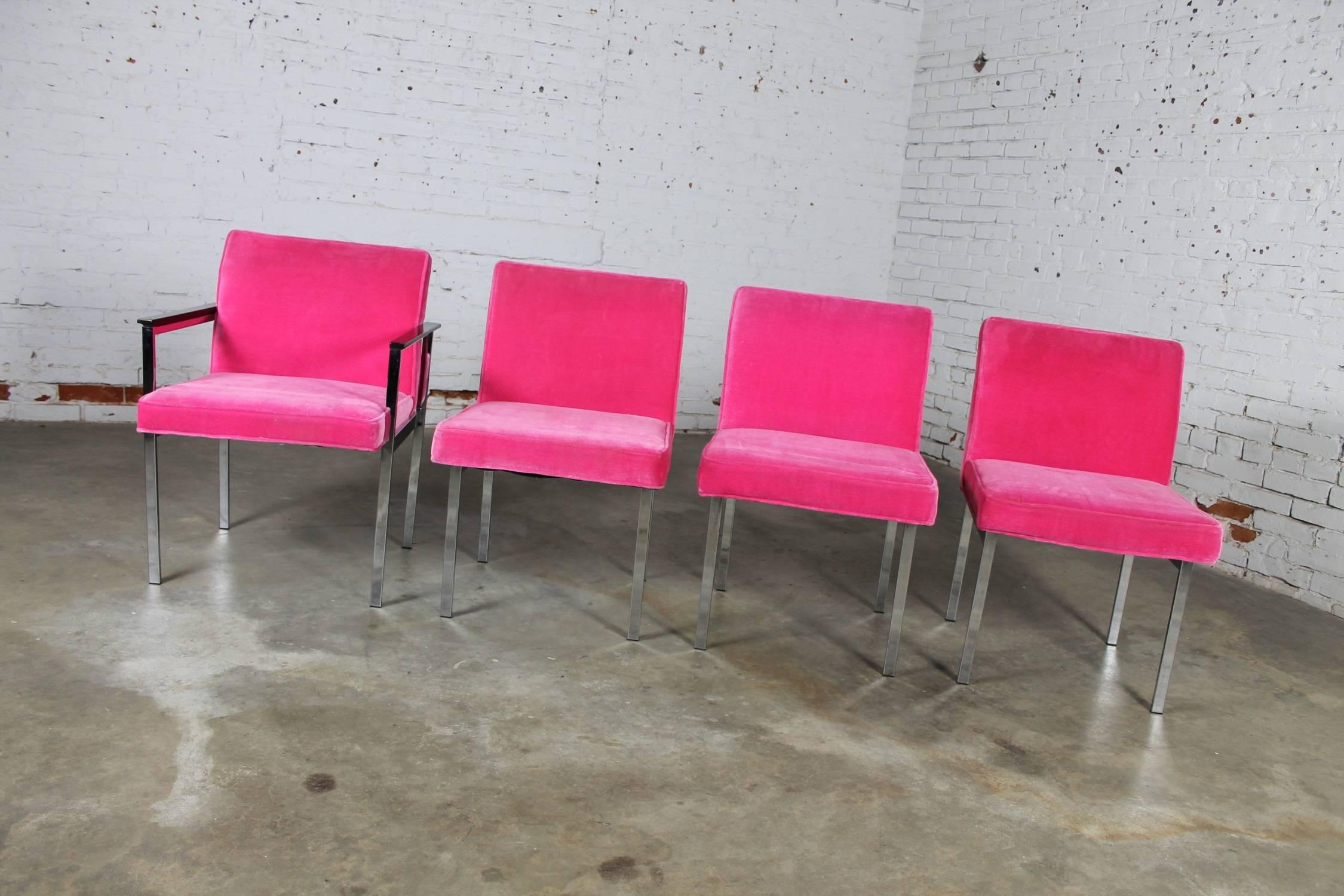 Awesome set of four hot pink and chrome dining chairs, one with arms by American Furniture Company, Inc. of Martinsville, Virginia. They are vintage Mid-Century Modern in the style of Milo Baughman and in absolutely incredible condition, circa