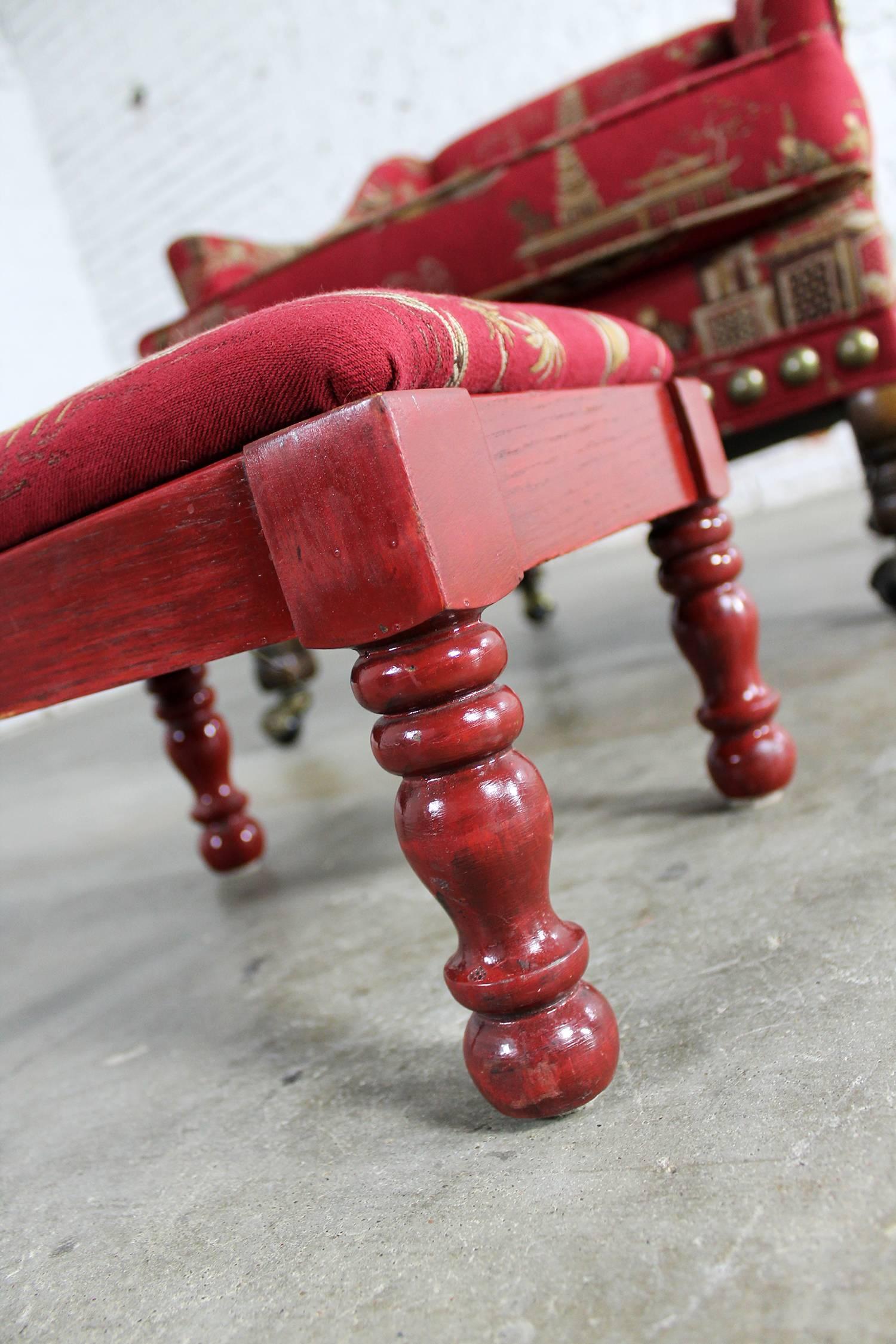 20th Century Vintage Petite Red Chinoiserie Armchair and Cricket Footstool