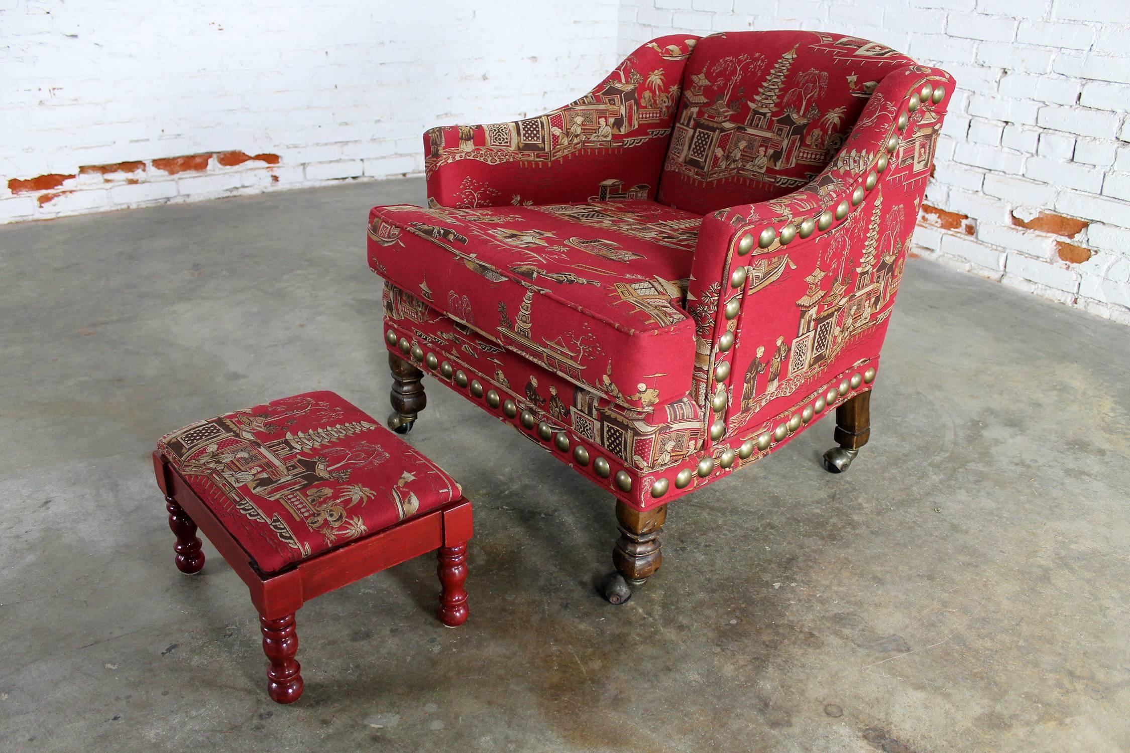 Vintage Petite Red Chinoiserie Armchair and Cricket Footstool 2