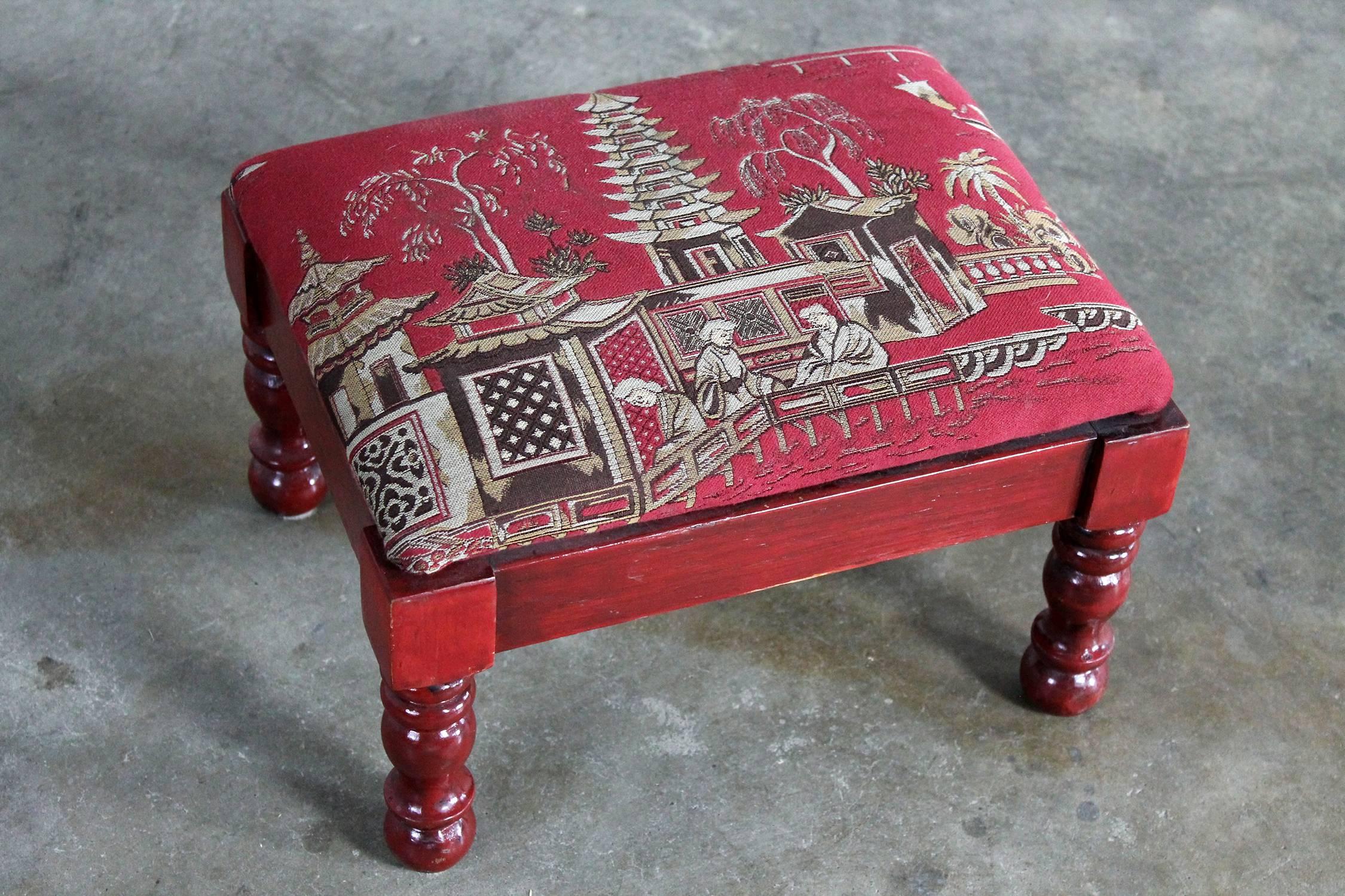 Fabric Vintage Petite Red Chinoiserie Armchair and Cricket Footstool