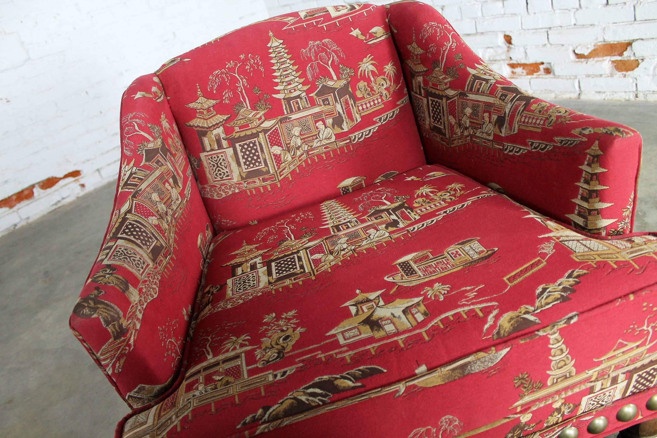 Vintage Petite Red Chinoiserie Armchair and Cricket Footstool 1