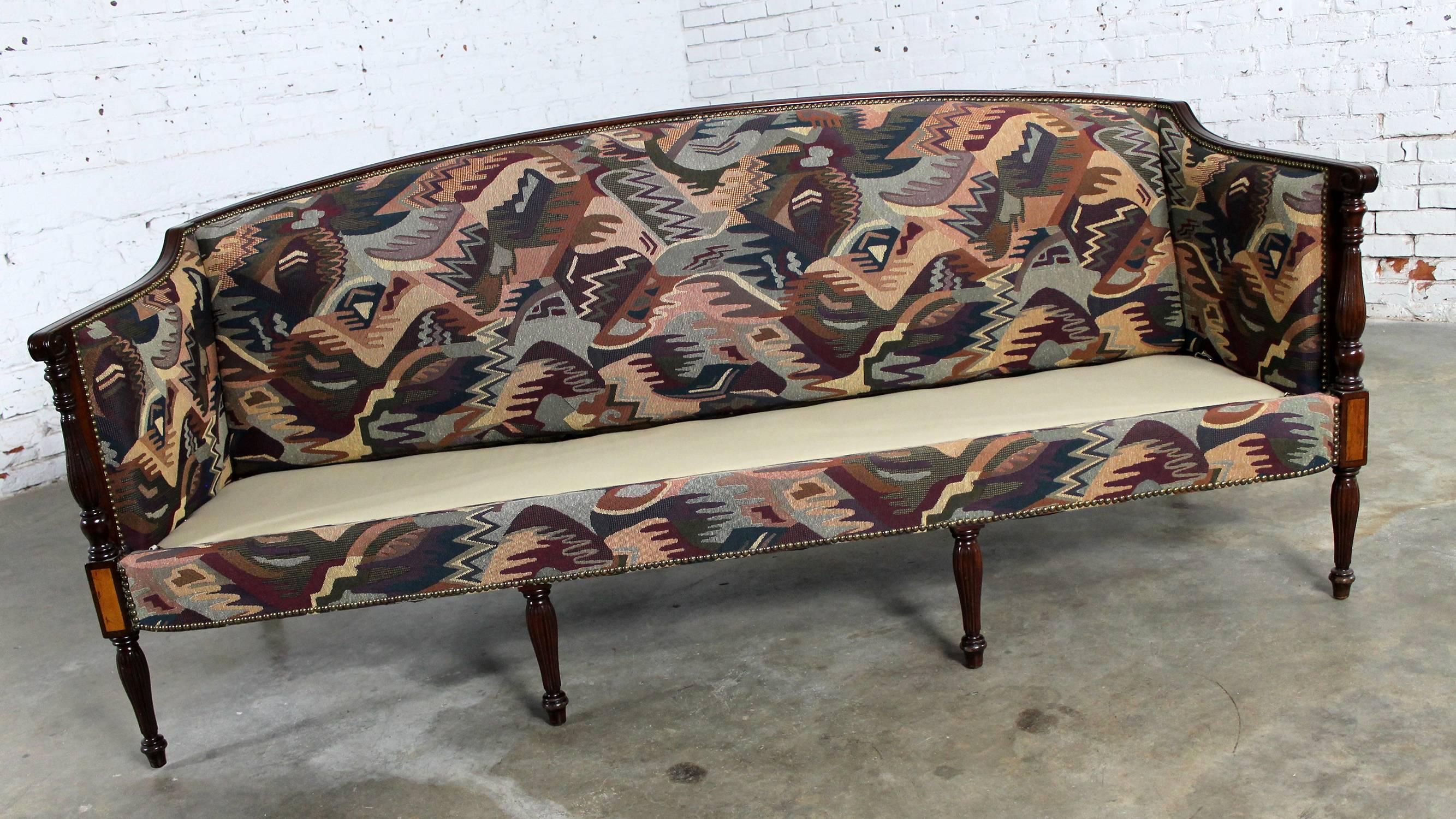 Fabric Vintage Classical American Federal Carved Sheraton Style Settee Sofa